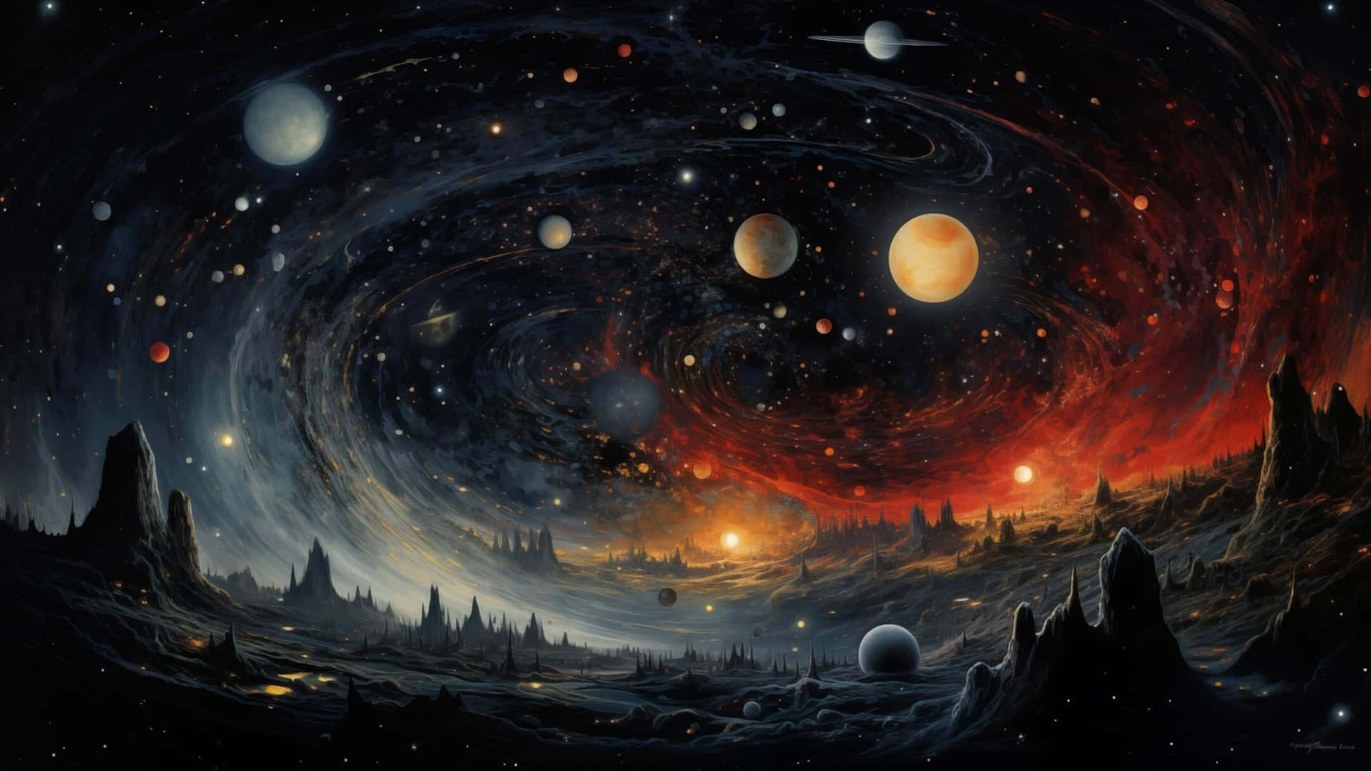  壁紙 — 一個宇宙景觀，在充滿發光行星和恆星的旋轉星系下，有鋸齒狀的外星山脈。