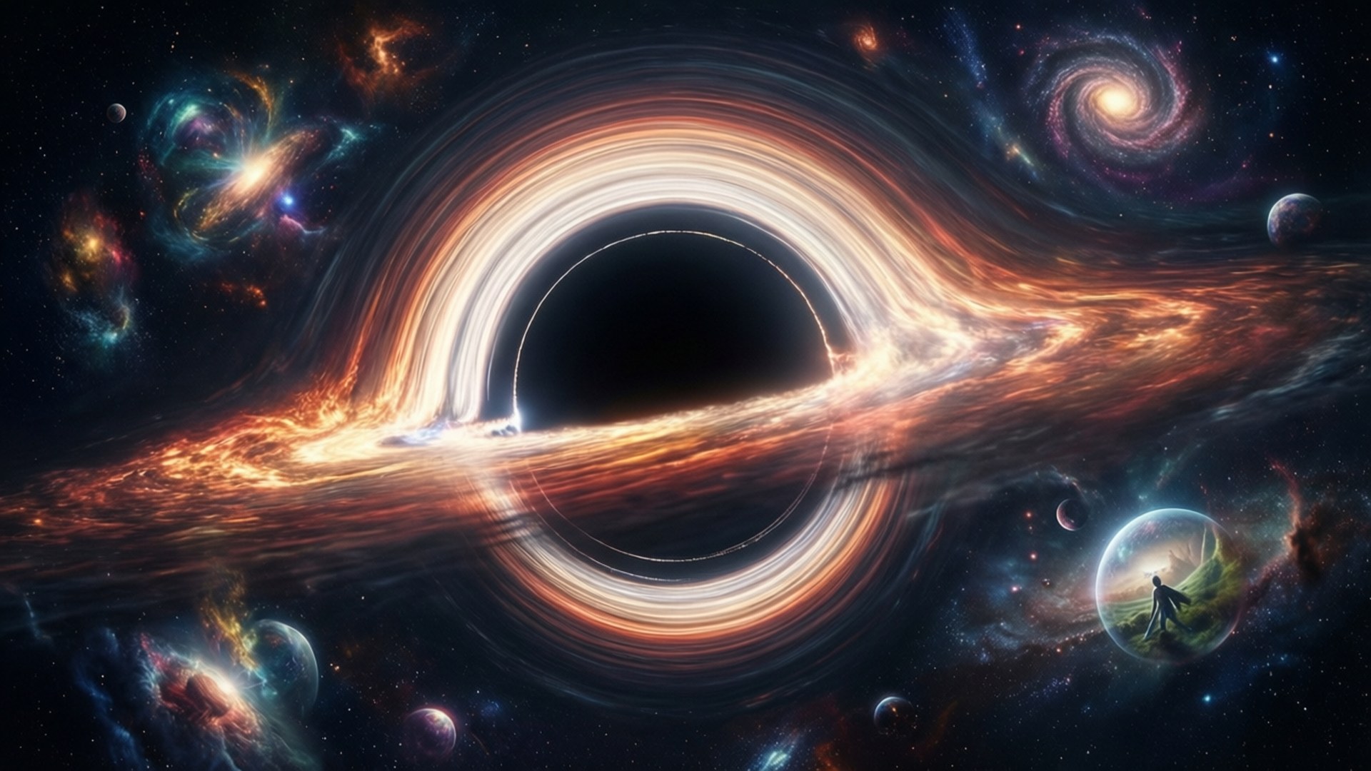 Black Hole Multiverse Core 壁紙 — 一個宇宙場景，有一個發光的黑洞，帶有旋轉的橙色和白色吸積盤，周圍環繞著星系、行星和一個在氣泡中的孤獨人物。