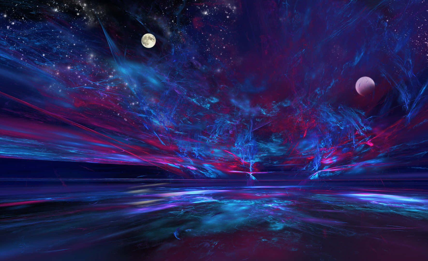  壁紙 — 一個宇宙場景，充滿活力的藍色和紫色星雲在星空上劃過，下方是反射表面，有兩個月亮。