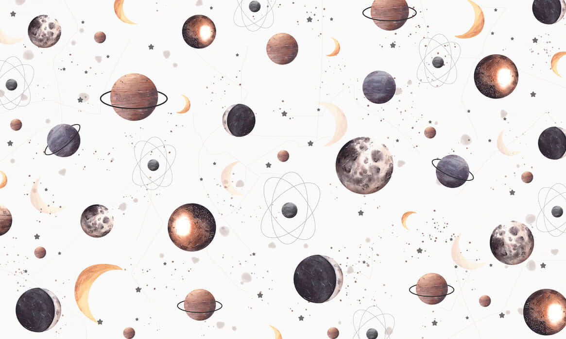  壁紙 — 一個宇宙風格的桌布圖案，包含風格化的行星、衛星和原子符號，漂浮在柔和的白色背景上。