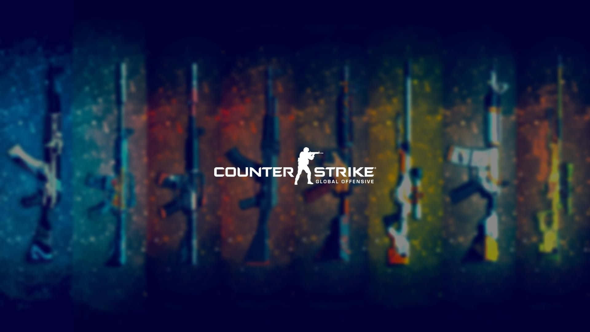 槍枝 桌布 壁紙 — Counter Strike Global Offensive 標誌居中於模糊的垂直步槍剪影之上，帶有發光粒子效果。