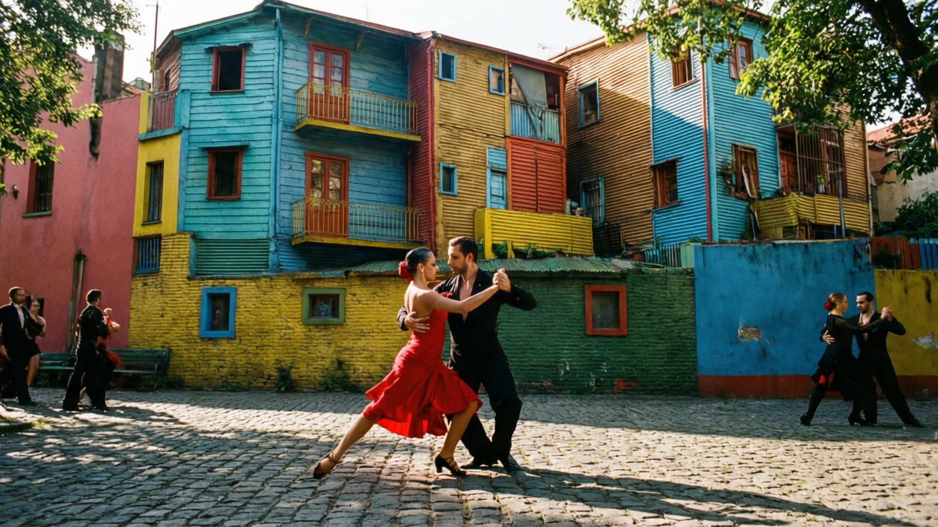 La Boca Tango Street 壁紙 — 一對情侶身穿紅色連衣裙和黑色西裝，在鵝卵石街道上，在色彩繽紛的木屋前跳探戈。