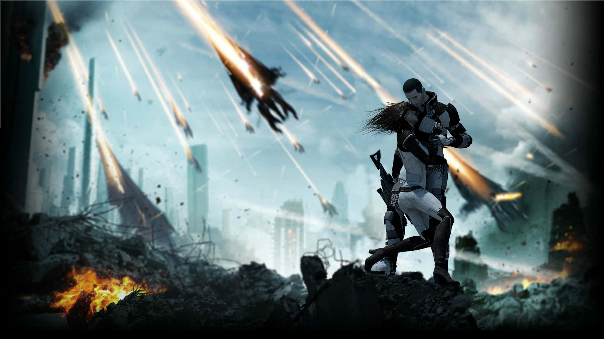 Mass Effect Multiplayer 桌布 壁紙 — 一對情侶在瓦礫堆上擁抱，戰鬥機劃過戰火摧殘的城市天際線。