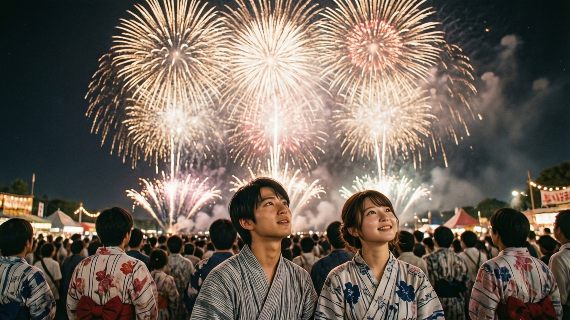 Fireworks Festival 壁紙 — 一對穿著傳統和服的情侶抬頭驚嘆地看著擁擠的節日夜空中綻放的耀眼煙火。