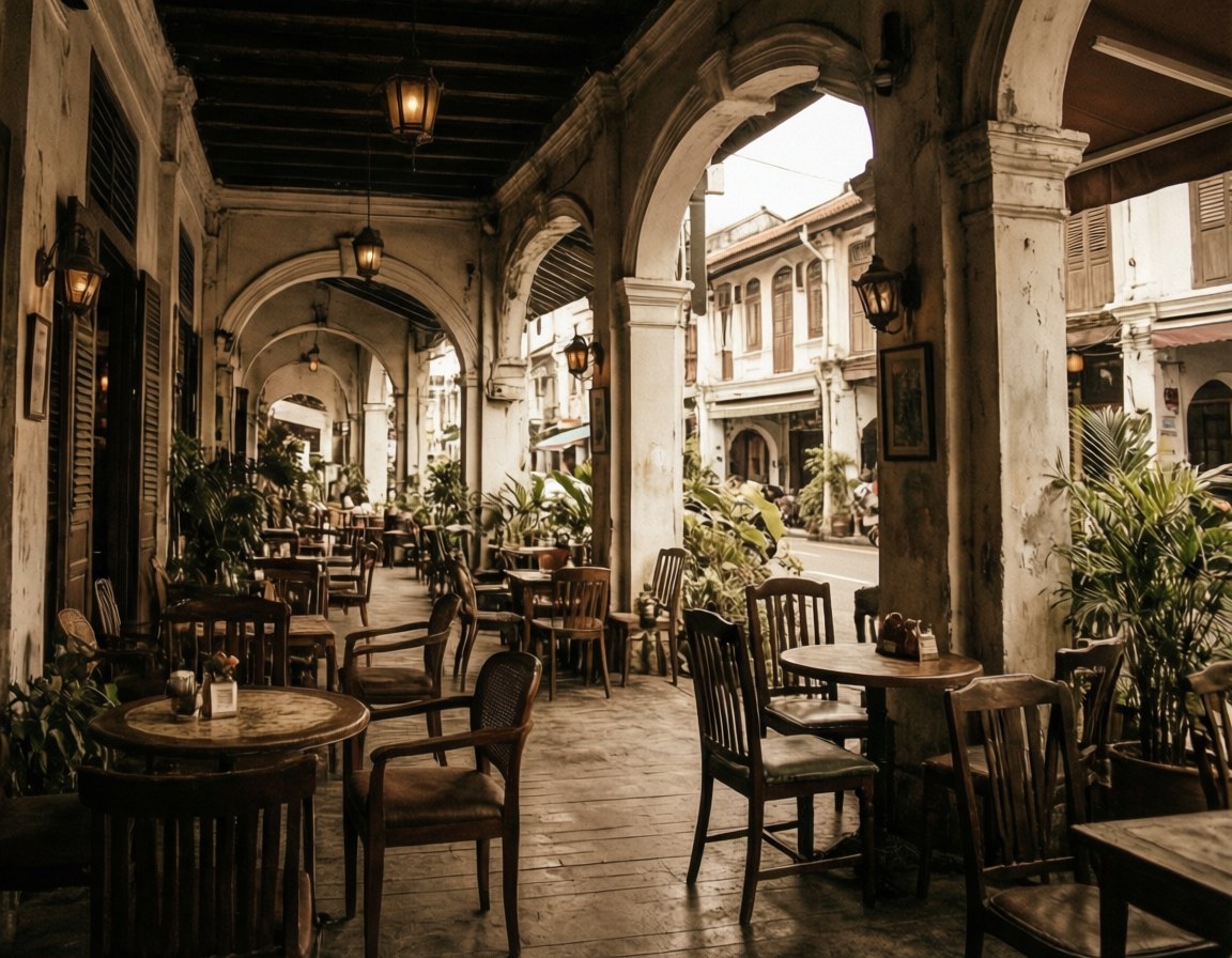 Braga Street Nostalgia 壁紙 — 一條長長的帶頂棚柱廊，拱形石柱在溫暖的掛燈下保護著木桌、椅子和盆栽植物。