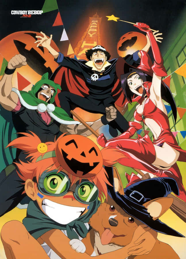 桌布 壁紙 — Cowboy Bebop 船員在霓虹城市天際線背景下，用南瓜和服裝慶祝萬聖節。