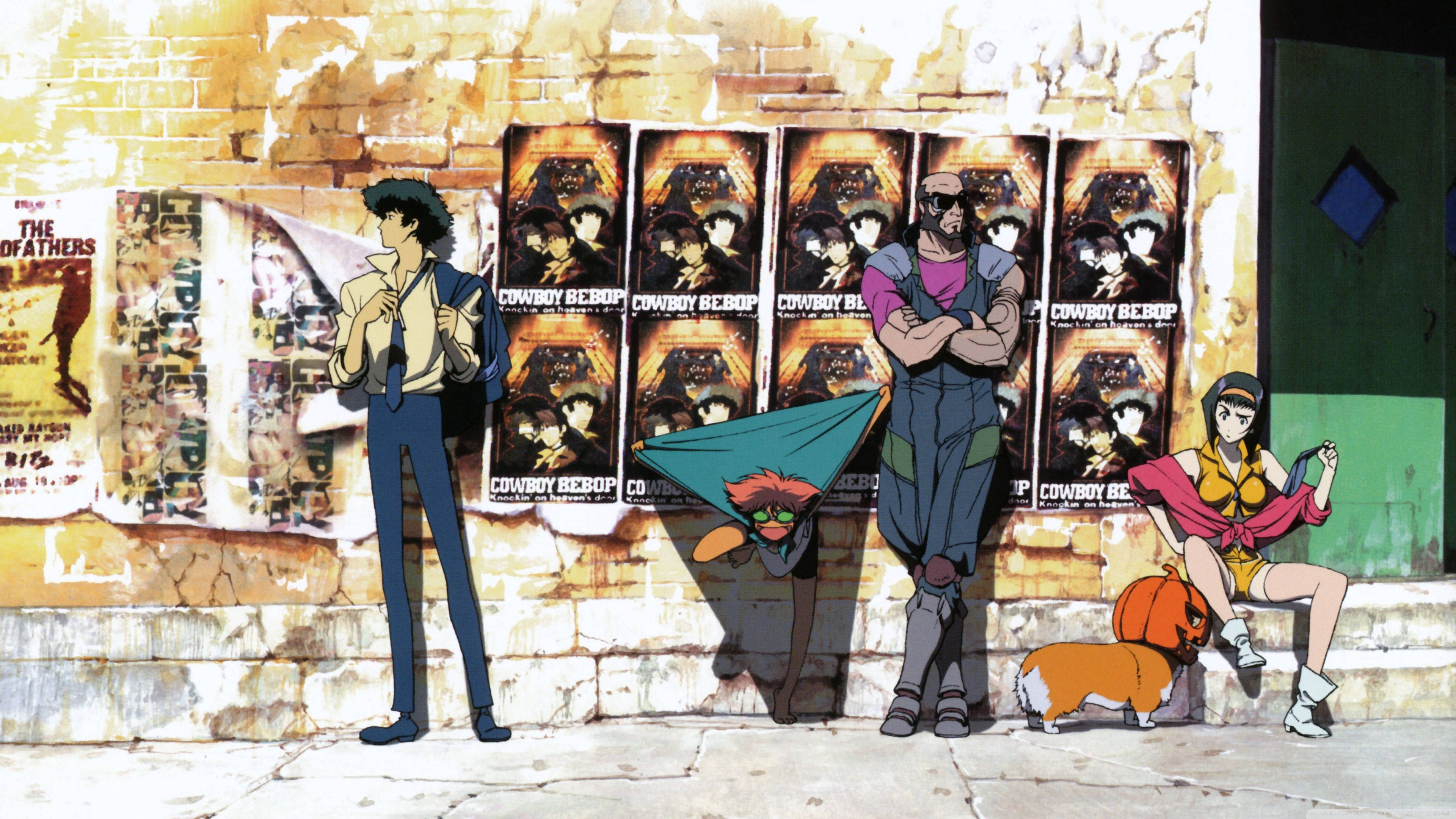 星際牛仔 桌布 壁紙 — Cowboy Bebop 船員站在一張佈滿海報的風化磚牆前，沐浴在溫暖的陽光下。