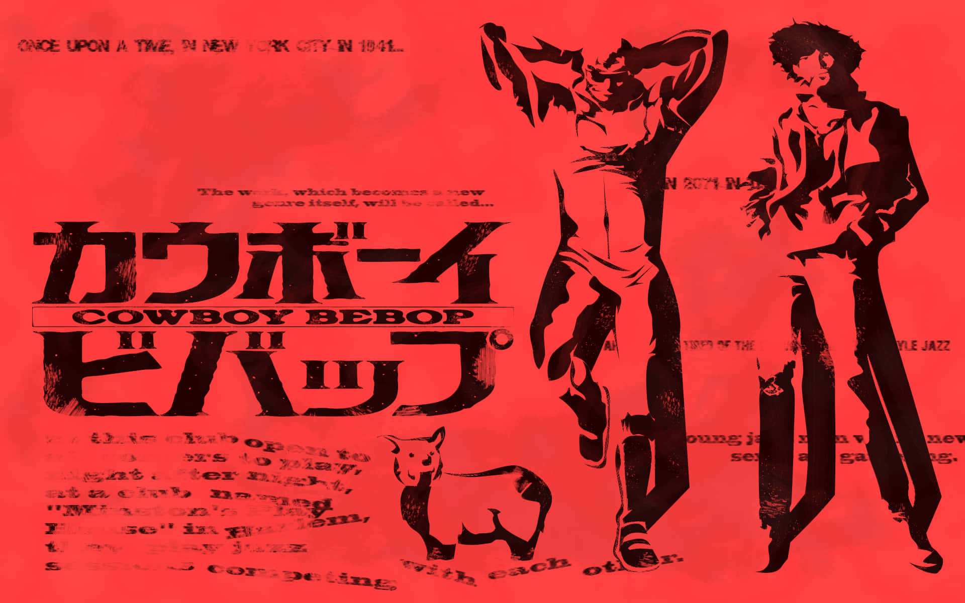 星際牛仔 桌布 壁紙 — Cowboy Bebop 角色和一隻狗的醒目黑色剪影，站在鮮紅色背景上，帶有日文和英文文字。