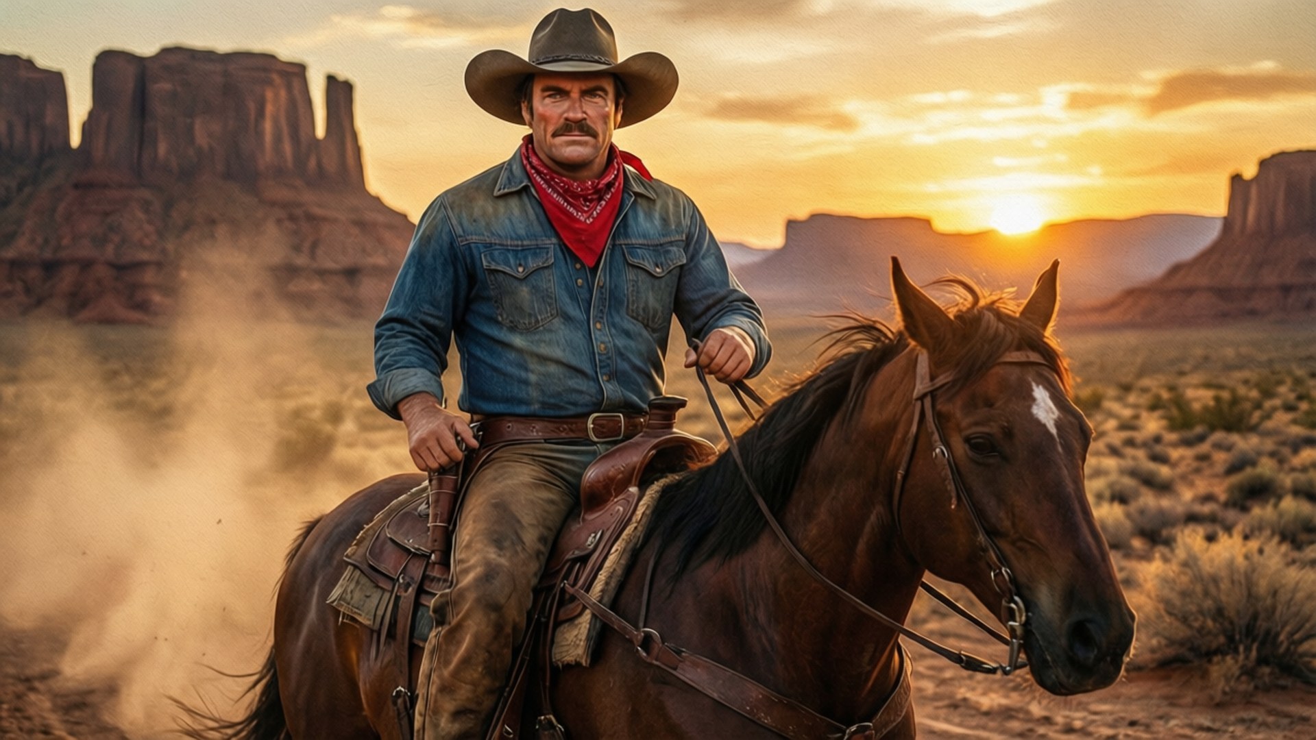 Johnny Bravo Cowboy 壁紙 — 一位留鬍子的牛仔騎著一匹棕馬，在日落時分穿越塵土飛揚的沙漠地形，背景有岩石 formations。
