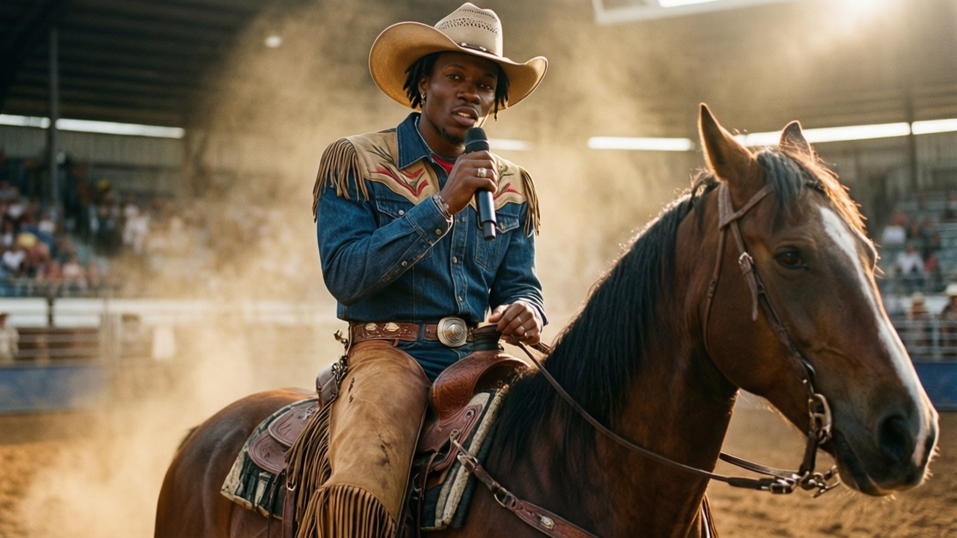 Rodeo Star 壁紙 — 一位穿著流蘇牛仔外套和帽子的牛仔，騎著一匹棕馬，在塵土飛揚的牛仔競技場中拿著麥克風，背景有觀眾。