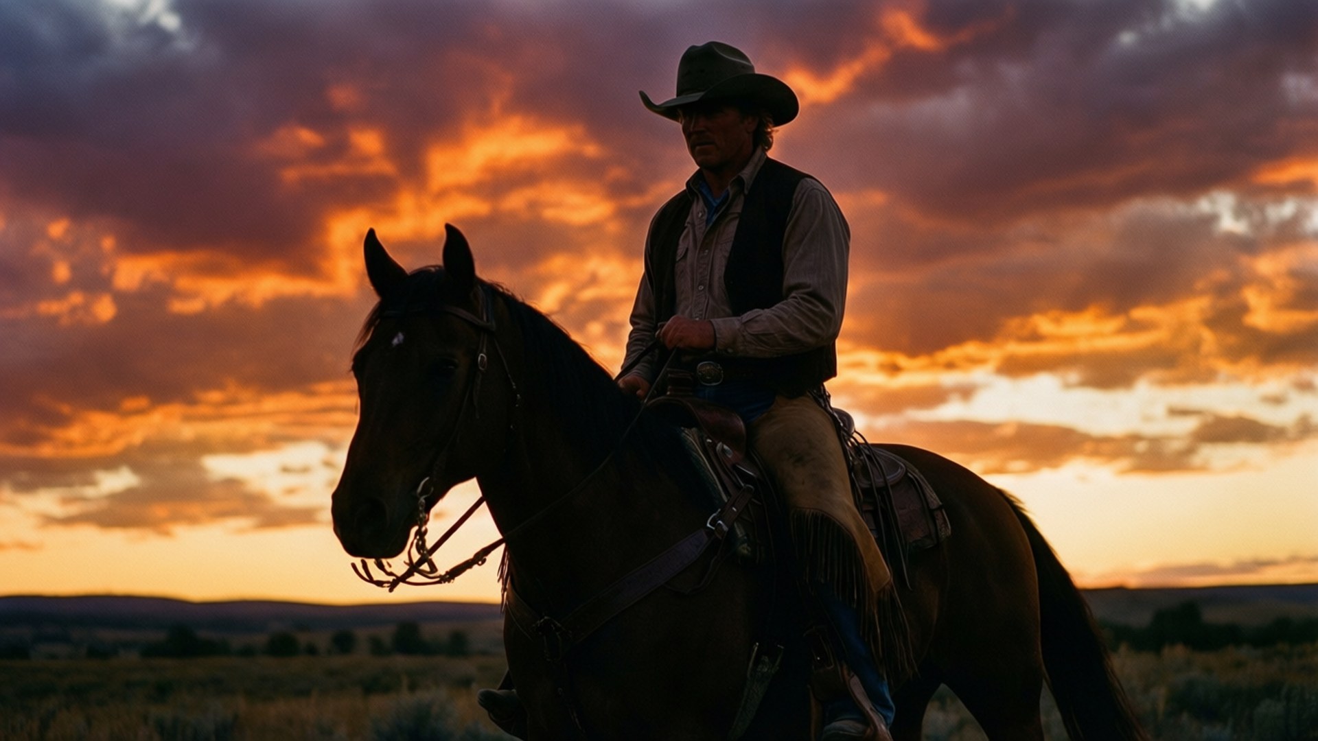 John Dutton Silhouette Sunset 壁紙 — 一位戴著寬邊帽的牛仔騎著一匹黑馬，在火紅橙色和紫色的日落天空下穿過廣闊的田野。