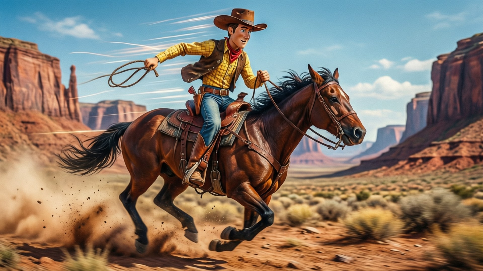 Riding Bullseye in Canyon 壁紙 — 一個穿著黃色襯衫的牛仔騎著一匹奔騰的棕色馬匹，穿過一個塵土飛揚的沙漠峽谷，有紅色岩石形成，在藍天下。