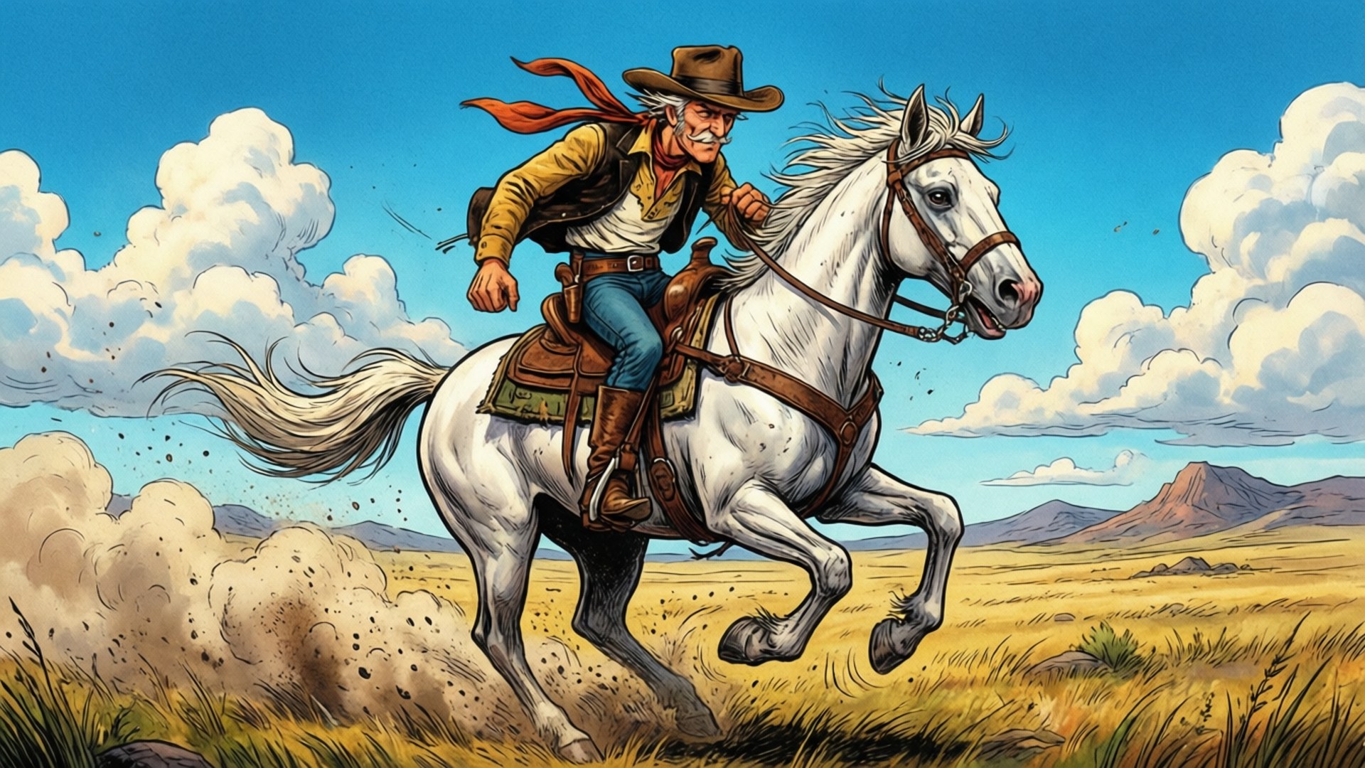 Lucky Luke 桌布 壁紙 — 一個戴著棕色帽子和紅色頭巾的牛仔騎著一匹奔騰的白馬，在塵土飛揚的草原上奔馳，天空湛藍，白雲朵朵。