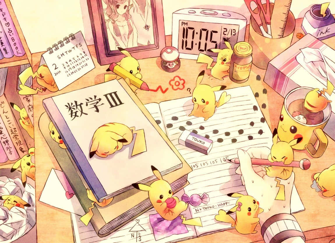  壁紙 — 一個舒適的動漫風格書桌場景，充滿了正在學習數學的皮卡丘角色，周圍是文具和溫暖的柔和燈光。