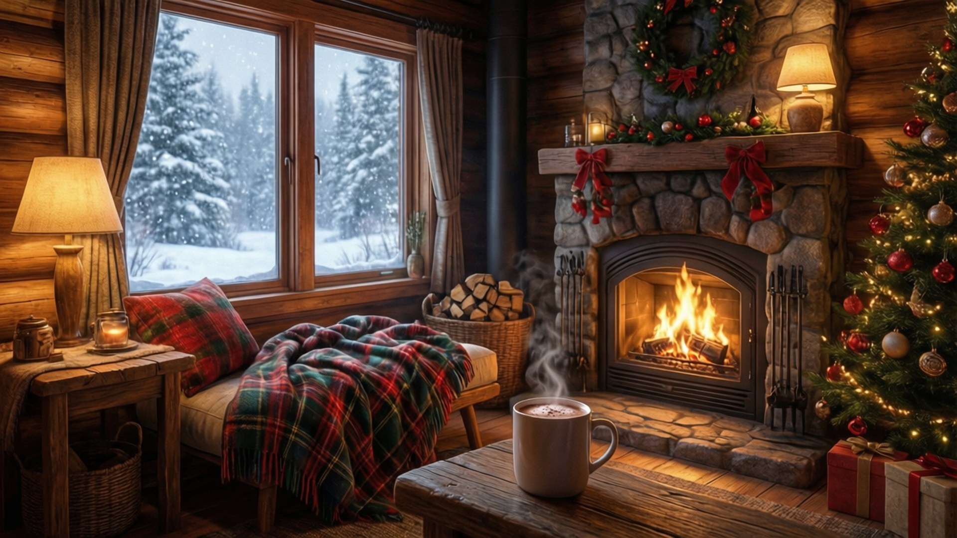 Cozy Cabin Winter 壁紙 — 舒適的小木屋內部，配有熊熊燃燒的壁爐、節日聖誕樹和窗外白雪皚皚的森林景色。