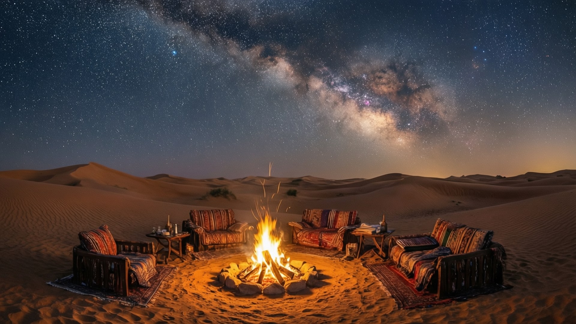Desert Stars 壁紙 — 在沙漠中，星空下，銀河拱起，圖案椅子圍繞著舒適的營火。