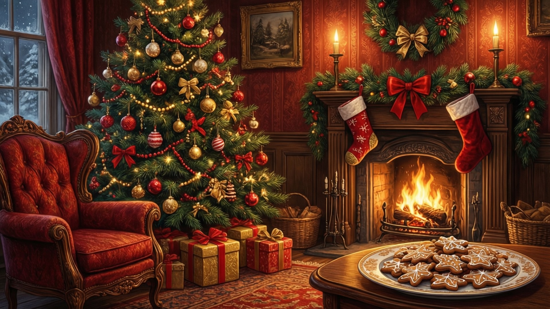 Victorian Christmas Cheer 壁紙 — 一個溫暖照明的聖誕房間，裝飾樹旁有一個熊熊燃燒的壁爐，桌上放著襪子和薑餅餅乾。
