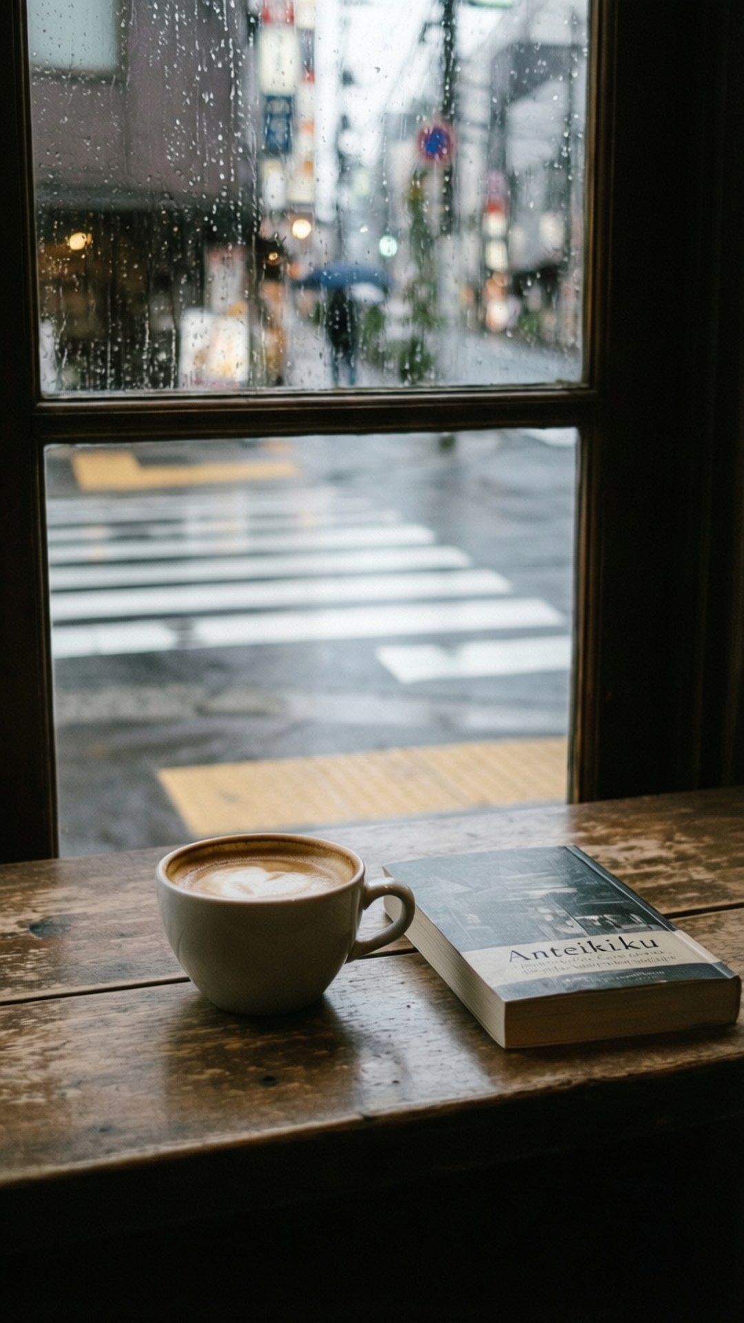 Anteiku 桌布 壁紙 — 一杯舒適的咖啡和一本書放在木製窗台上，雨水沿著玻璃流淌，窗外是模糊的城市街道。