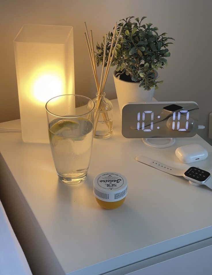  壁紙 — 一個舒適的床頭櫃設置，配有一盞發光的燈、一杯檸檬水、一個數字時鐘和一盆沐浴在溫暖環境光中的盆栽植物。