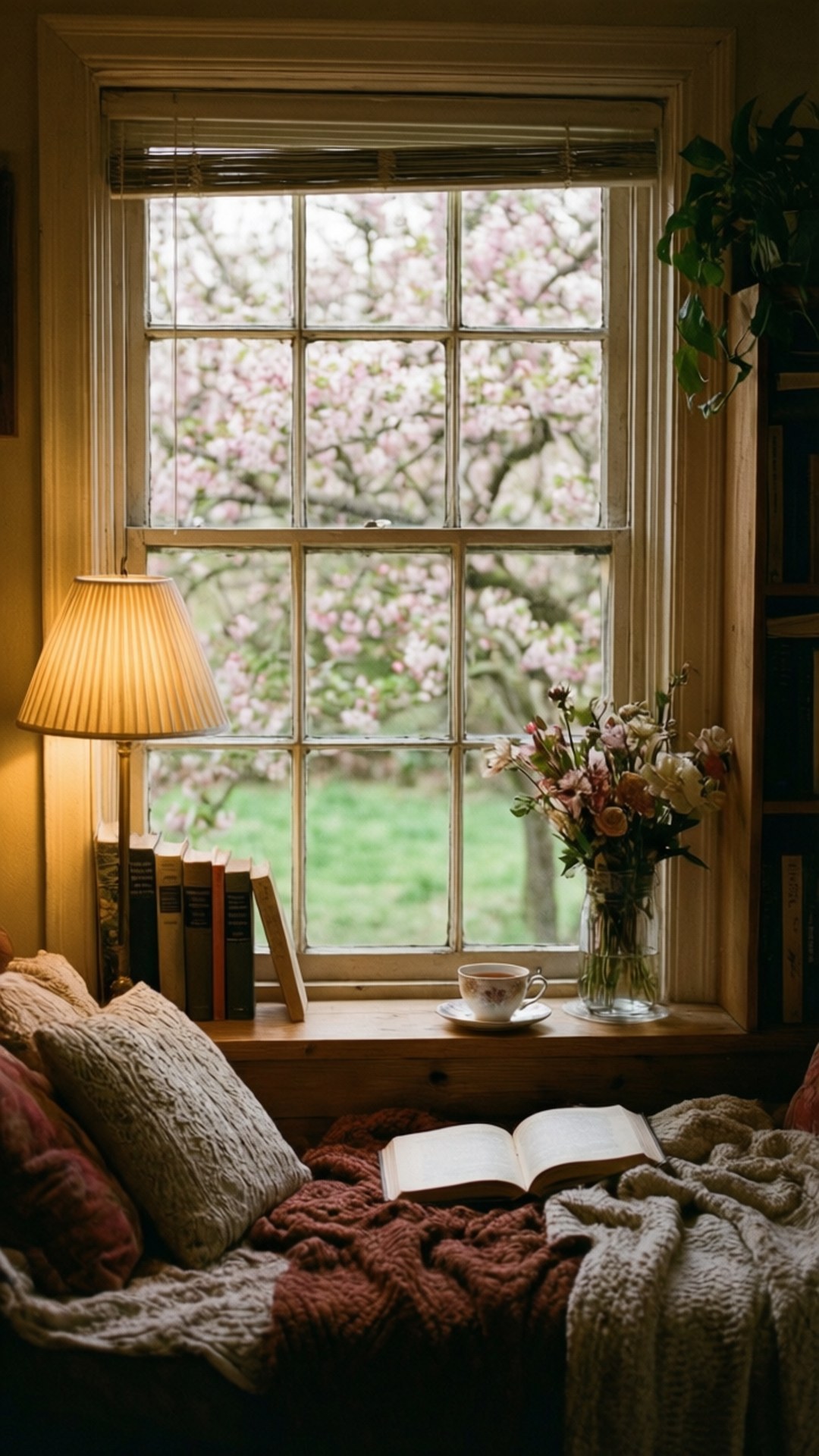March Afternoon Reads 壁紙 — 窗邊舒適的閱讀角落，窗外有粉紅色的花朵，配有書本、茶杯和花卉佈置。