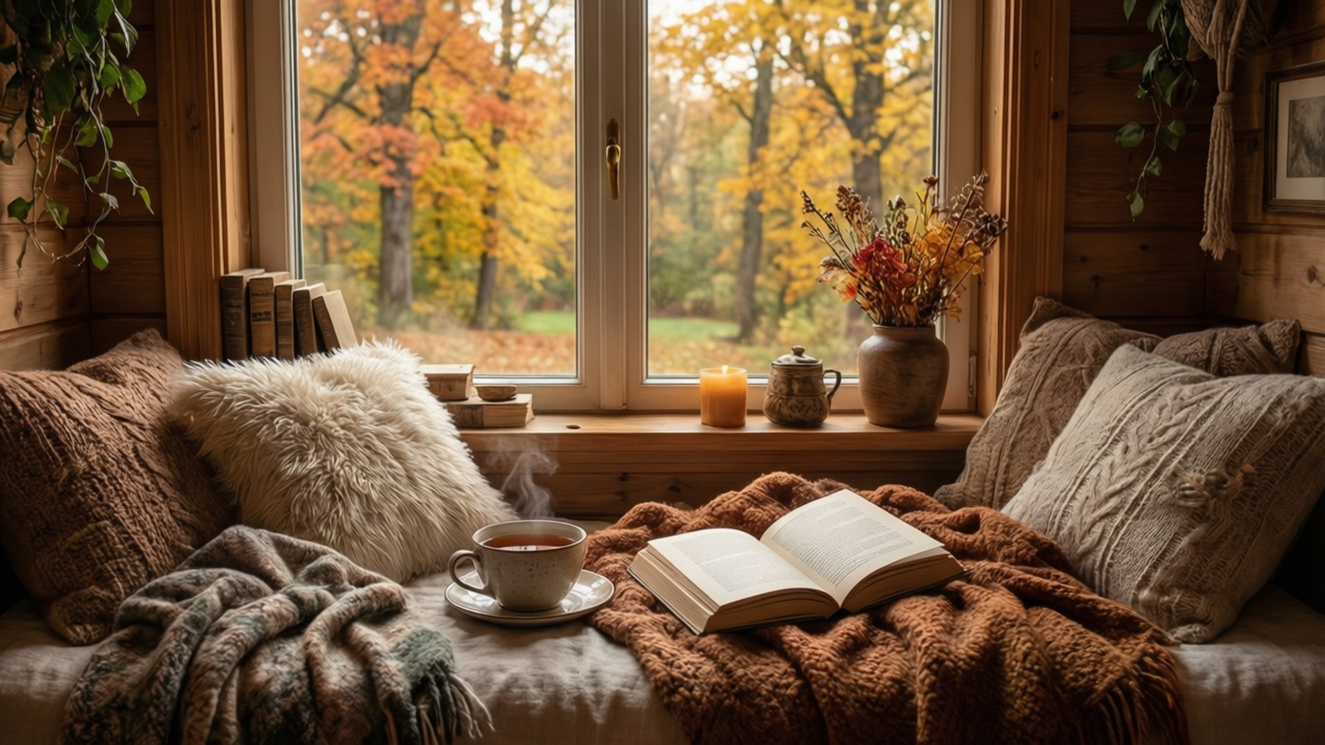 Cozy Autumn Reading Nook 壁紙 — 舒適的窗邊座位，有冒煙的茶、書本，以及透過木框玻璃欣賞秋日森林景色。