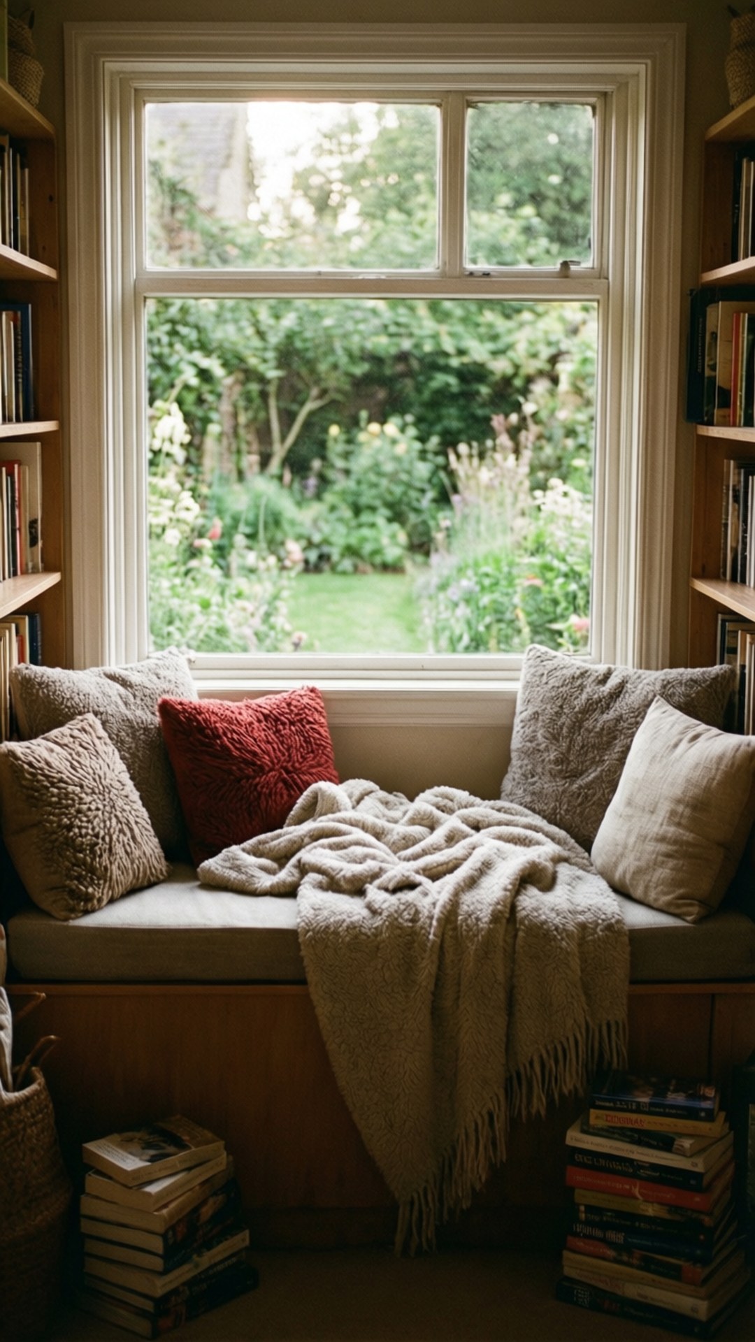 Window Seat Nook 壁紙 — 舒適的窗邊座位，配有質感枕頭和毯子，透過明亮的白色窗框俯瞰鬱鬱蔥蔥的綠色花園。