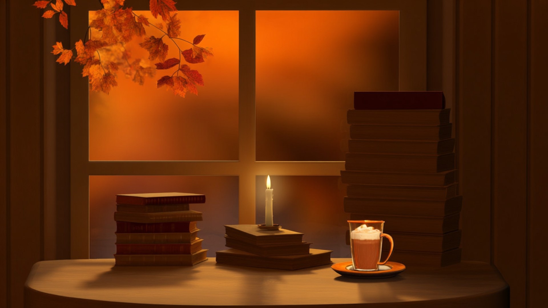 Autumn Reading Desk 壁紙 — 一個舒適的木製窗台沐浴在溫暖的琥珀色燈光中，上面放著成堆的書籍、一支點燃的蠟燭和一杯配有奶油的熱可可，外面掛著秋天的樹葉。