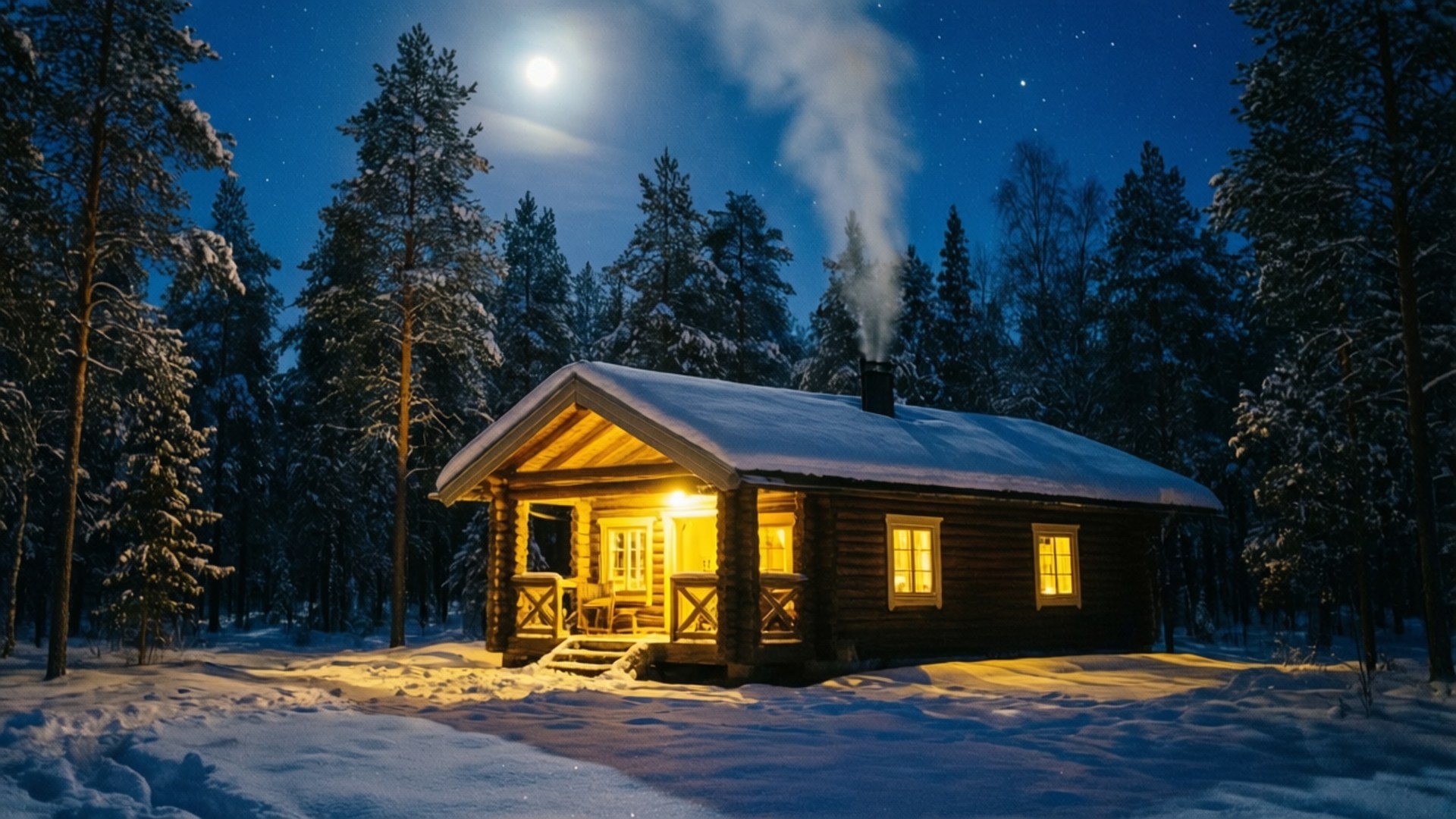 Finnish Log Cabin Winter Night 壁紙 — 一間舒適的木屋，溫暖的窗戶透出光芒，煙囪冒著煙，坐落在白雪覆蓋的森林中，上方是明亮的月光天空。