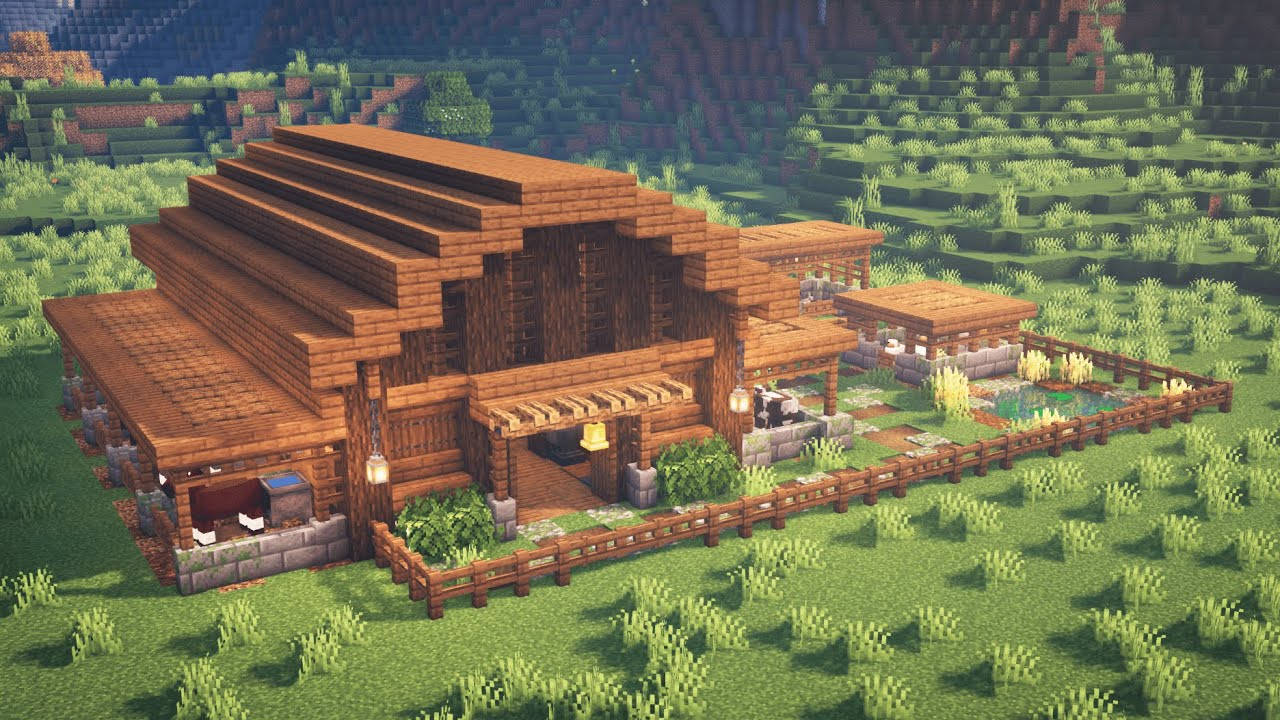 長滿青草的山丘上，設有圍欄庭院和動物的Minecraft木製農舍。 — 可愛的 Minecraft 壁紙