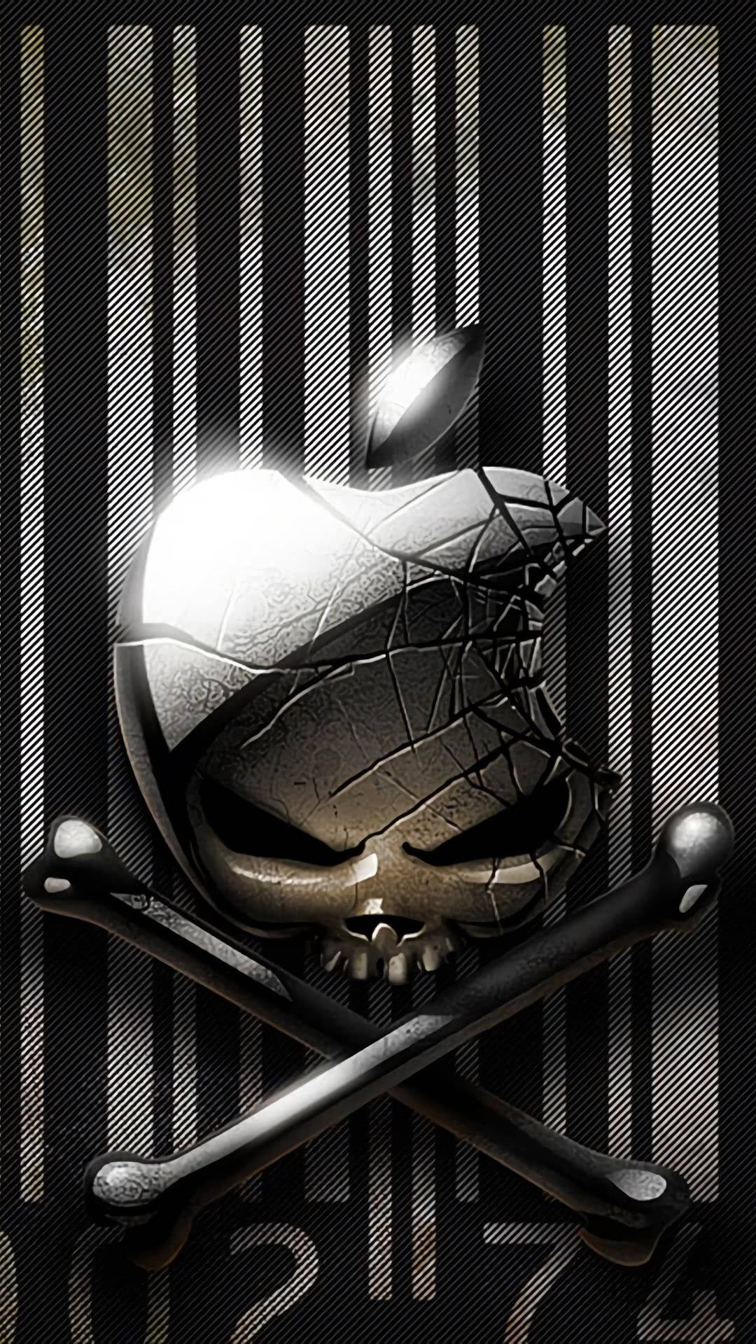 裂開的Apple標誌骷髏頭，交叉骨頭，條碼背景。 — 3D 壁紙