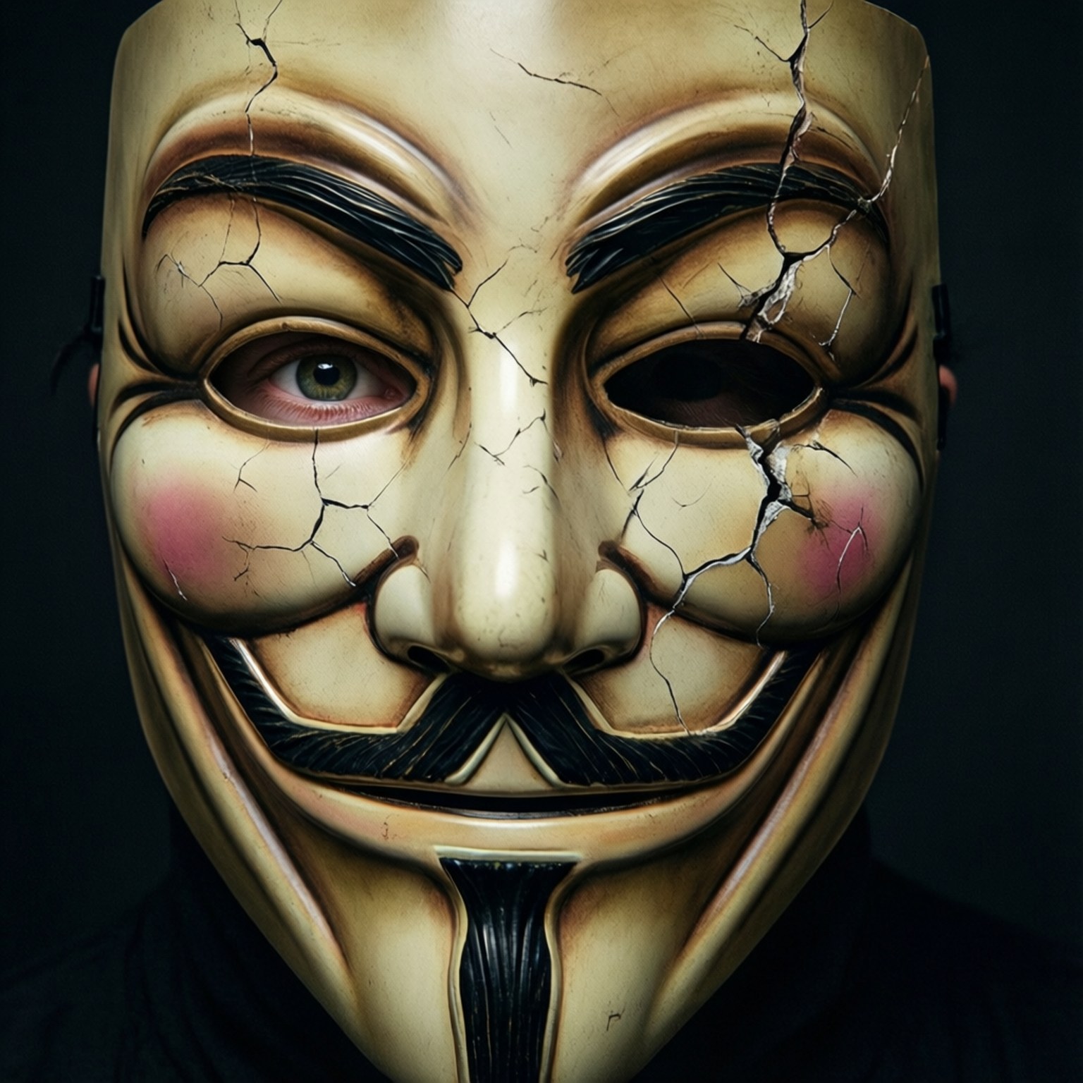 Behind the Crack 壁紙 — 一個裂開的米色 Guy Fawkes 面具，一隻眼睛可見，臉頰紅潤，背景深色。