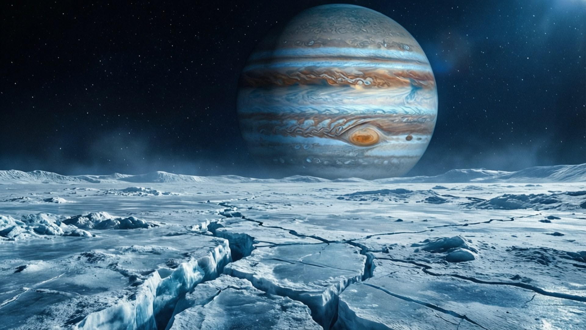 Jupiter from Europa 壁紙 — 在巨大的木星下，裂開的冰月表面，木星有旋轉的條紋和大紅斑在星空夜空中發光。