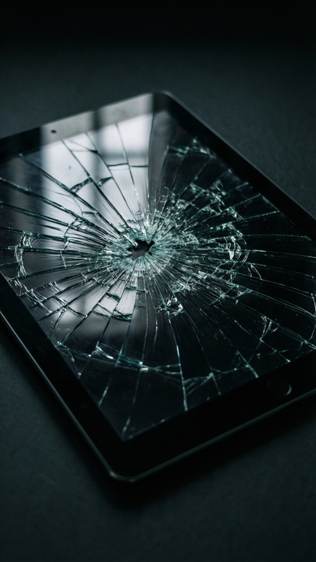 Cracked Screen Tablet 壁紙 — 一個破裂的平板電腦螢幕，蜘蛛網狀裂紋從中央撞擊點在黑暗表面上擴散。