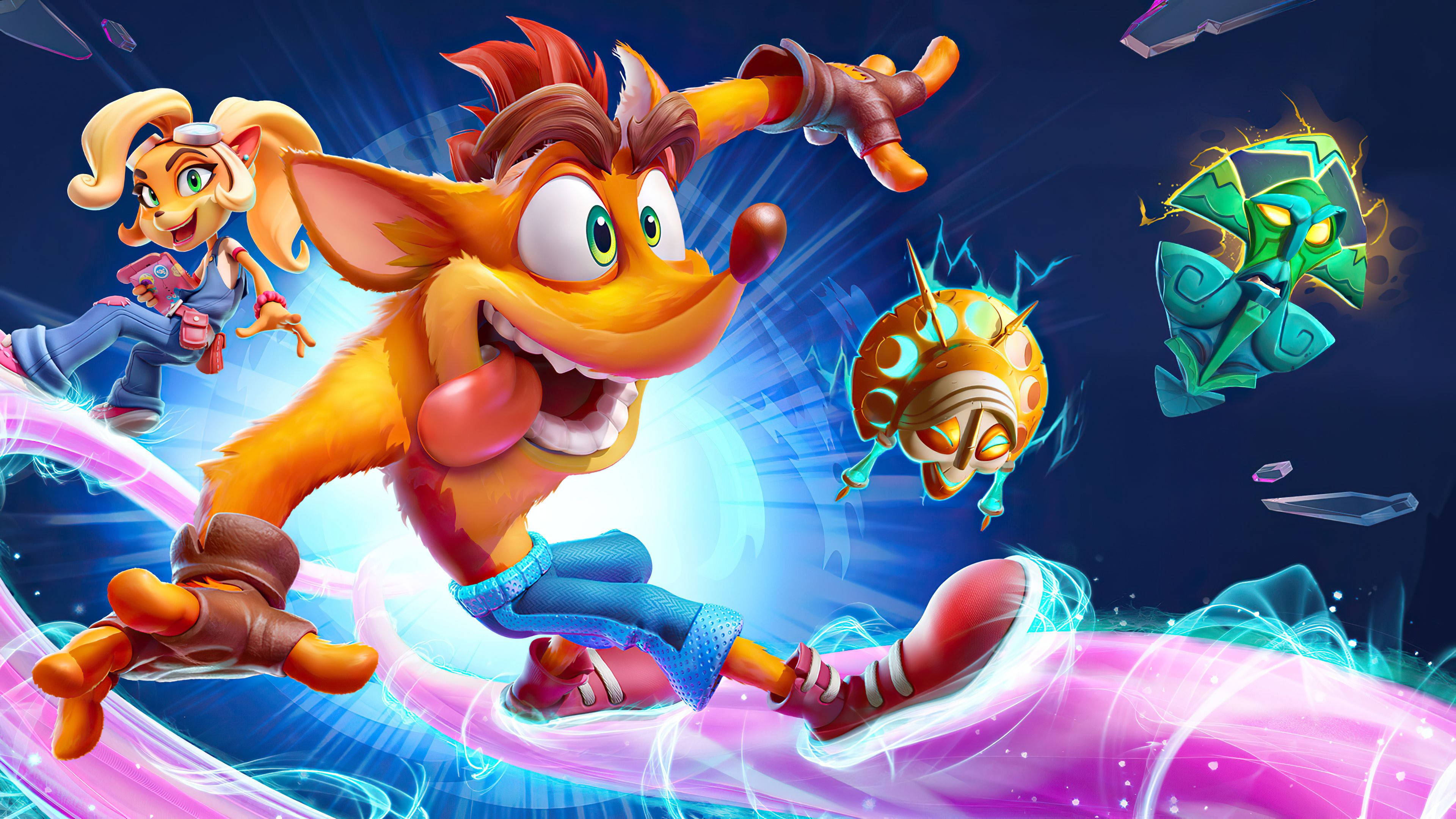 Bandicoot 桌布 壁紙 — Crash Bandicoot 和 Coco 在充滿活力的霓虹燈隧道中飛馳，躲避發光的敵人，這是一個高能量的電玩場景。