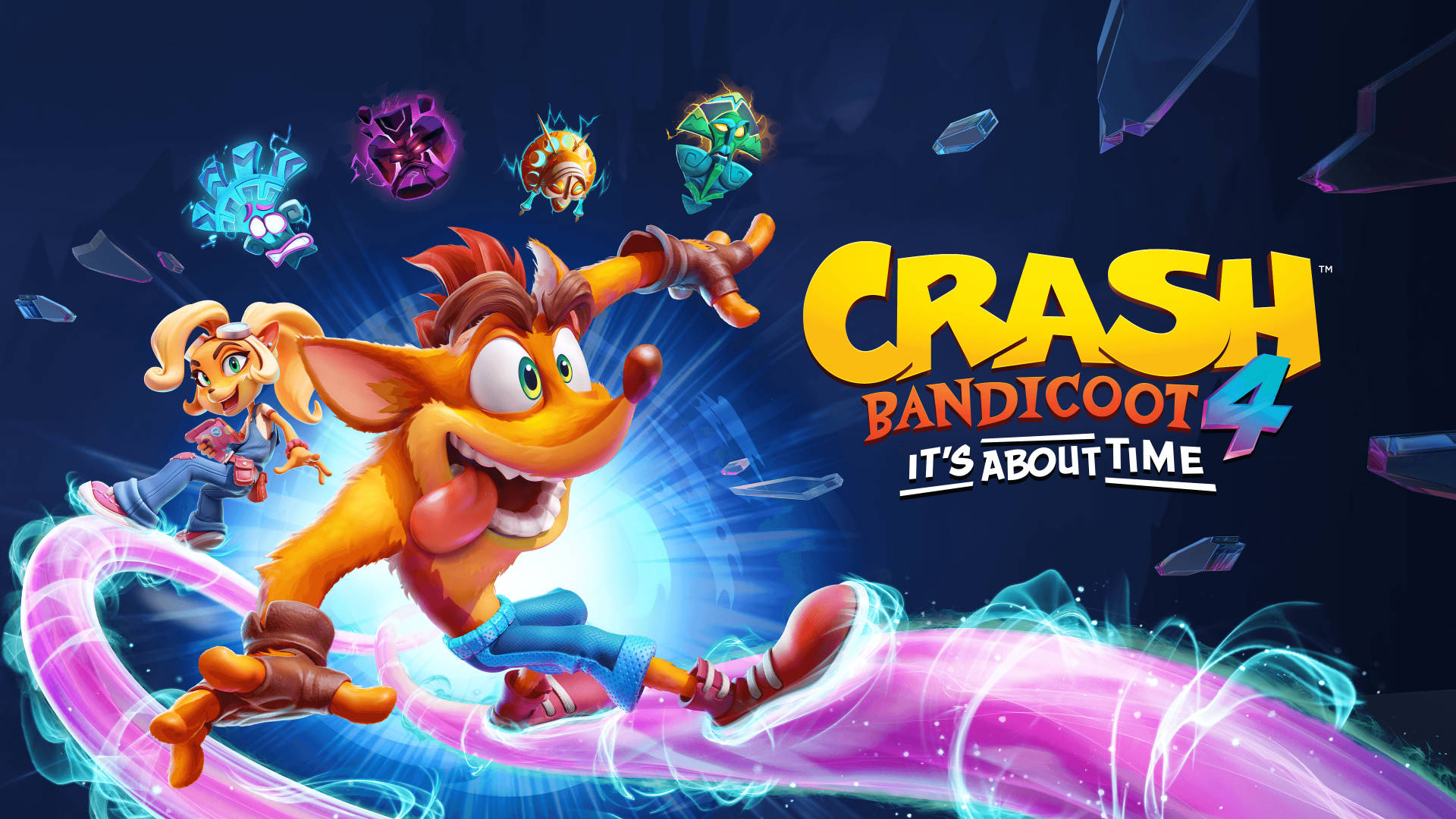 Bandicoot 桌布 壁紙 — Crash Bandicoot 和 Coco 穿過一個充滿活力的時間扭曲傳送門，伴隨著發光的晶體和動態運動效果翱翔。
