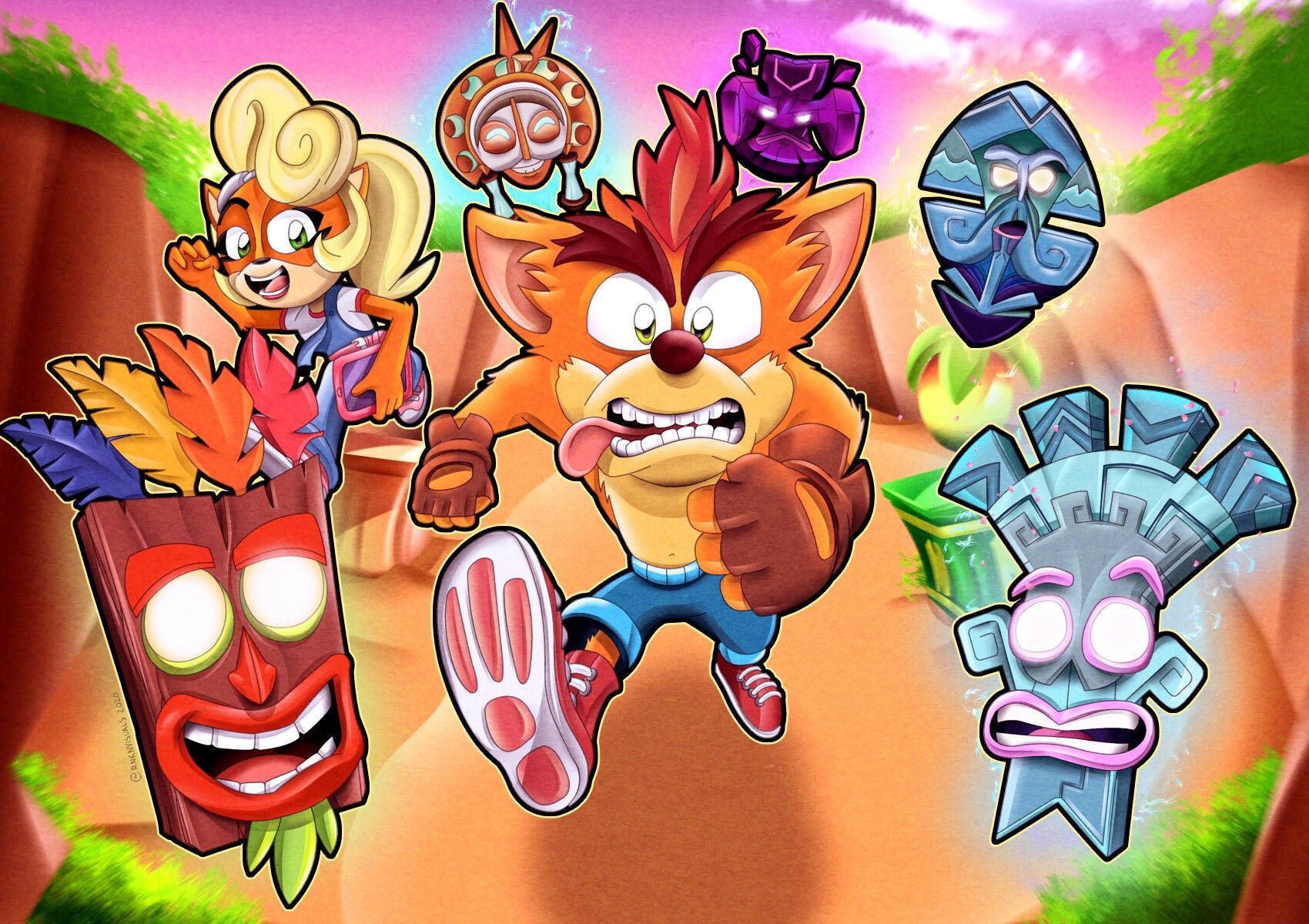 Bandicoot 桌布 壁紙 — Crash Bandicoot 和朋友們精力充沛地跳過一個充滿活力的叢林峽谷，其中有發光的面具和色彩繽紛的樹葉。