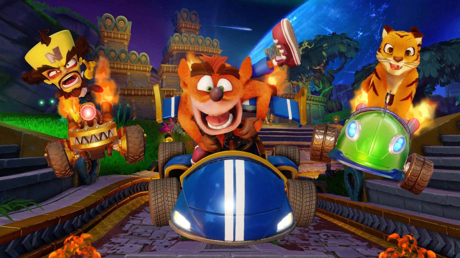 Cool Ps4 Profile 桌布 壁紙 — Crash Bandicoot 和朋友們在夜晚色彩繽紛的叢林寺廟中瘋狂地駕駛卡丁車比賽。