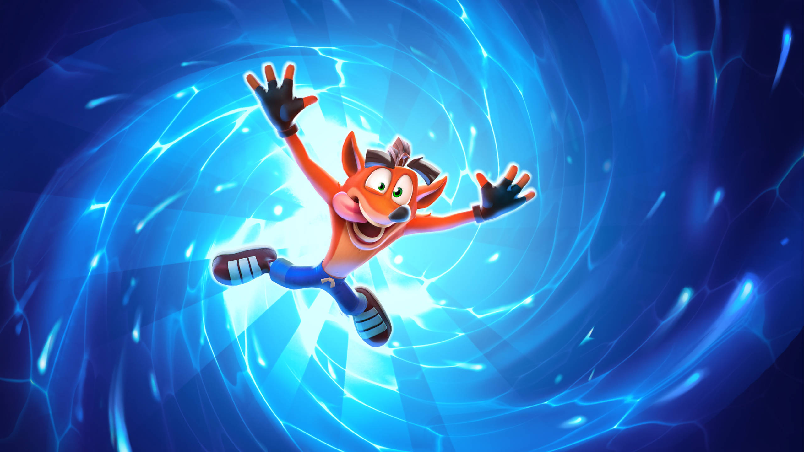 Bandicoot 桌布 壁紙 — Crash Bandicoot 愉快地穿過旋轉的藍色能量漩渦，張開雙臂，咧嘴大笑。