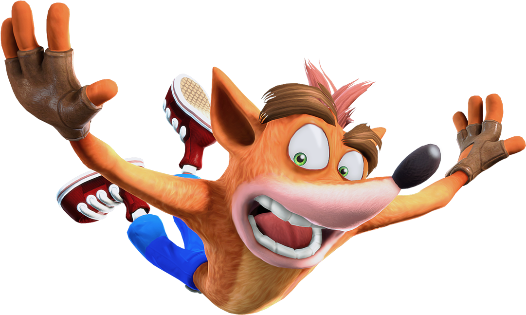 電玩遊戲 桌布 壁紙 — Crash Bandicoot 在黑色背景前，雙臂張開，咧嘴大笑，在空中歡快地跳躍。