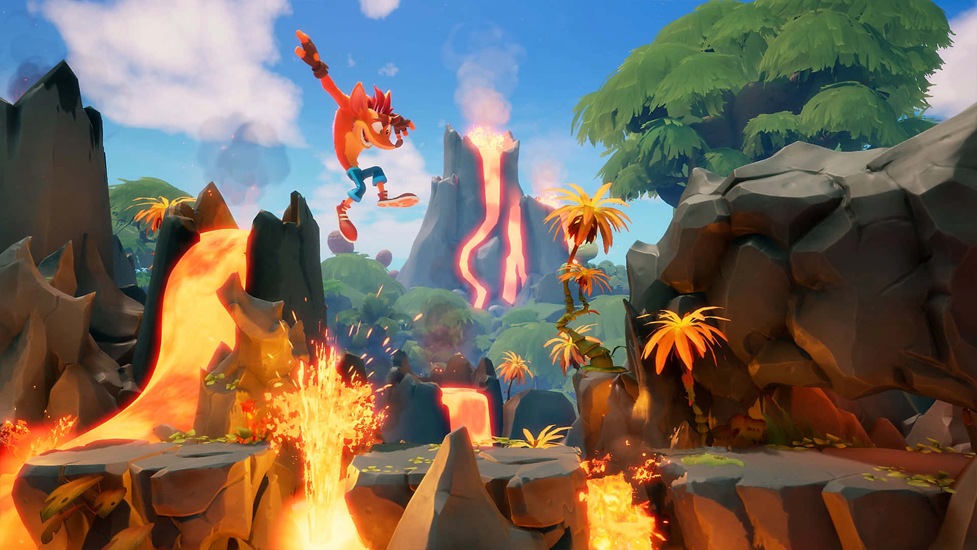 Platform Games 桌布 壁紙 — Crash Bandicoot 在明亮的藍天下，動態地跳躍過一個有流動熔岩和猛烈爆炸的火山景觀。