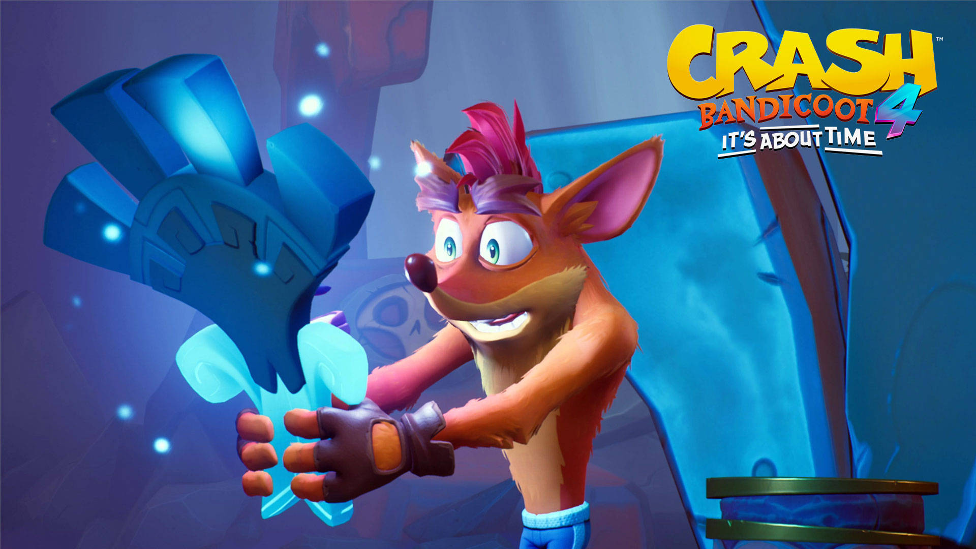 Bandicoot 桌布 壁紙 — Crash Bandicoot 拿著發光藍色時間旅行手套，背景是未來風格的紫色，並有遊戲標題文字。