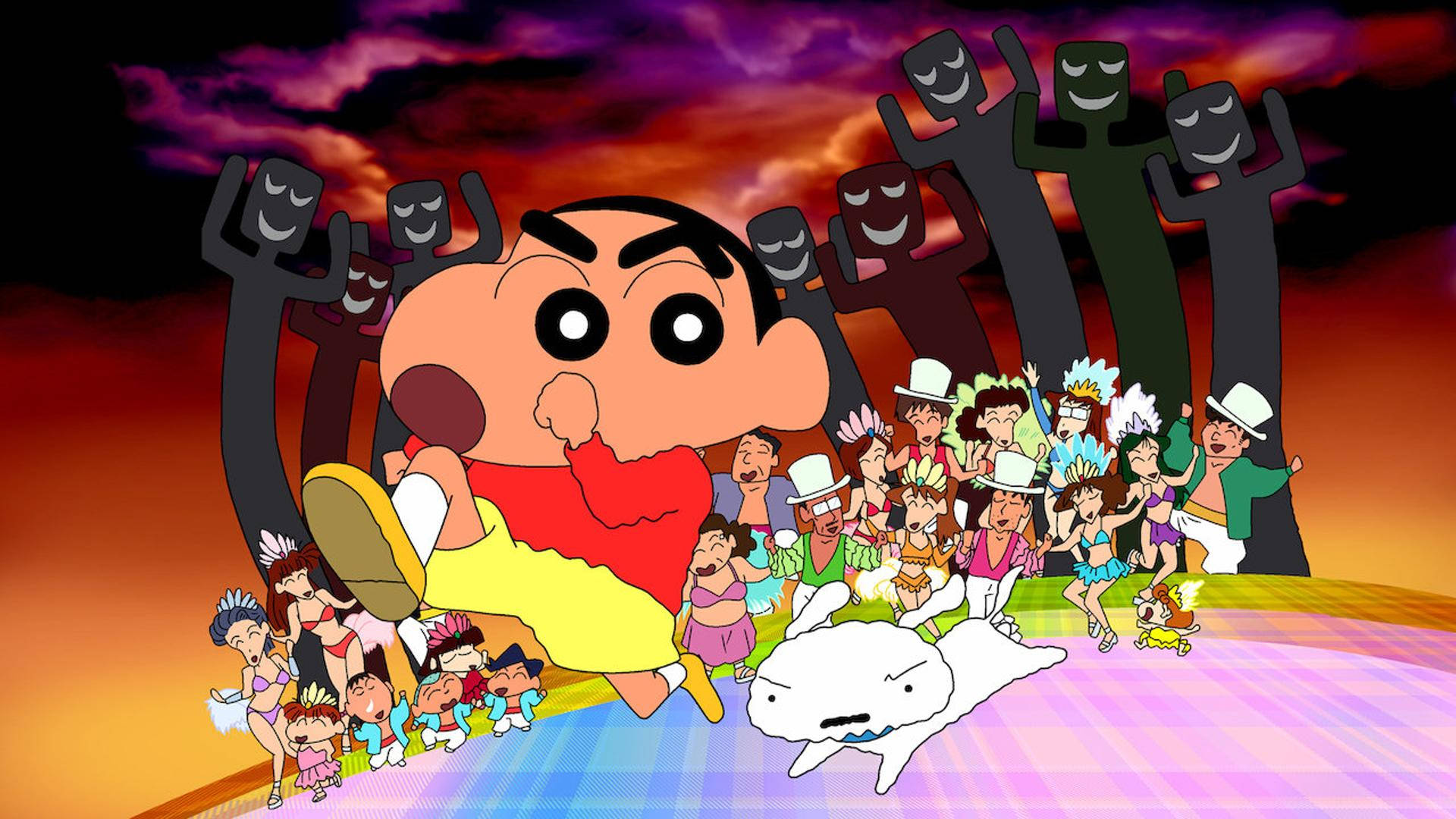 蠟筆小新 桌布 壁紙 — Crayon Shin-chan 在熾熱的日落天空下，與跳舞的角色和微笑的樹木人物一起，在充滿活力的動畫場景中快樂地跳躍。