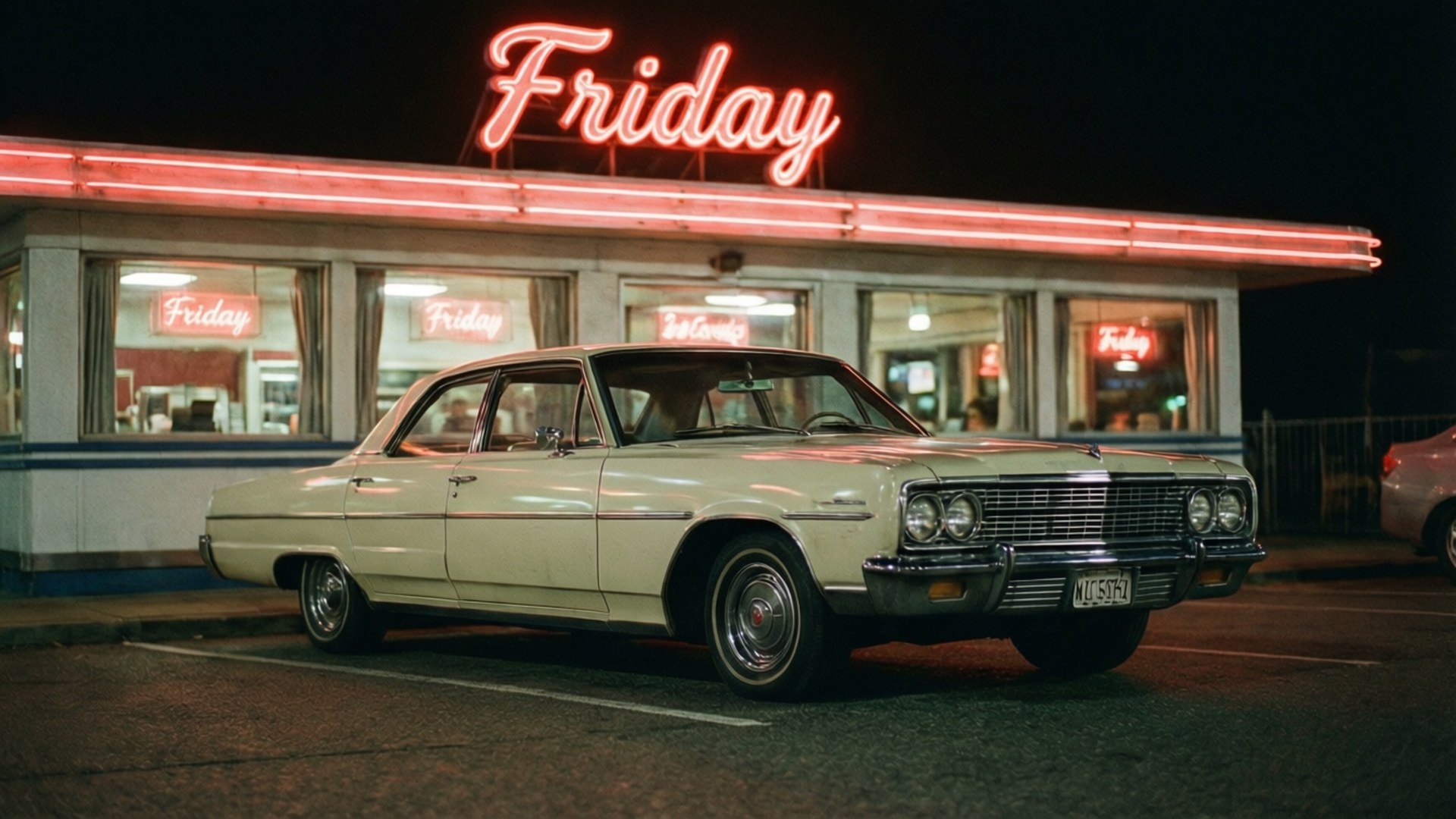 Retro Friday Diner 壁紙 — 一輛奶油色經典汽車在夜間停放在復古餐廳發光的紅色霓虹燈Friday標誌下。