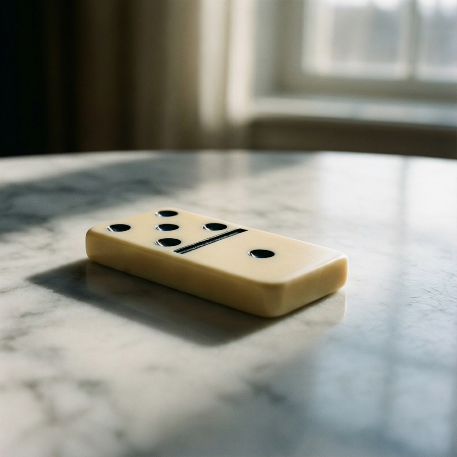 Lone Domino on Marble 壁紙 — 一個奶油色的多米諾骨牌，一邊有五點，另一邊有一點，放在窗邊的大理石桌上。