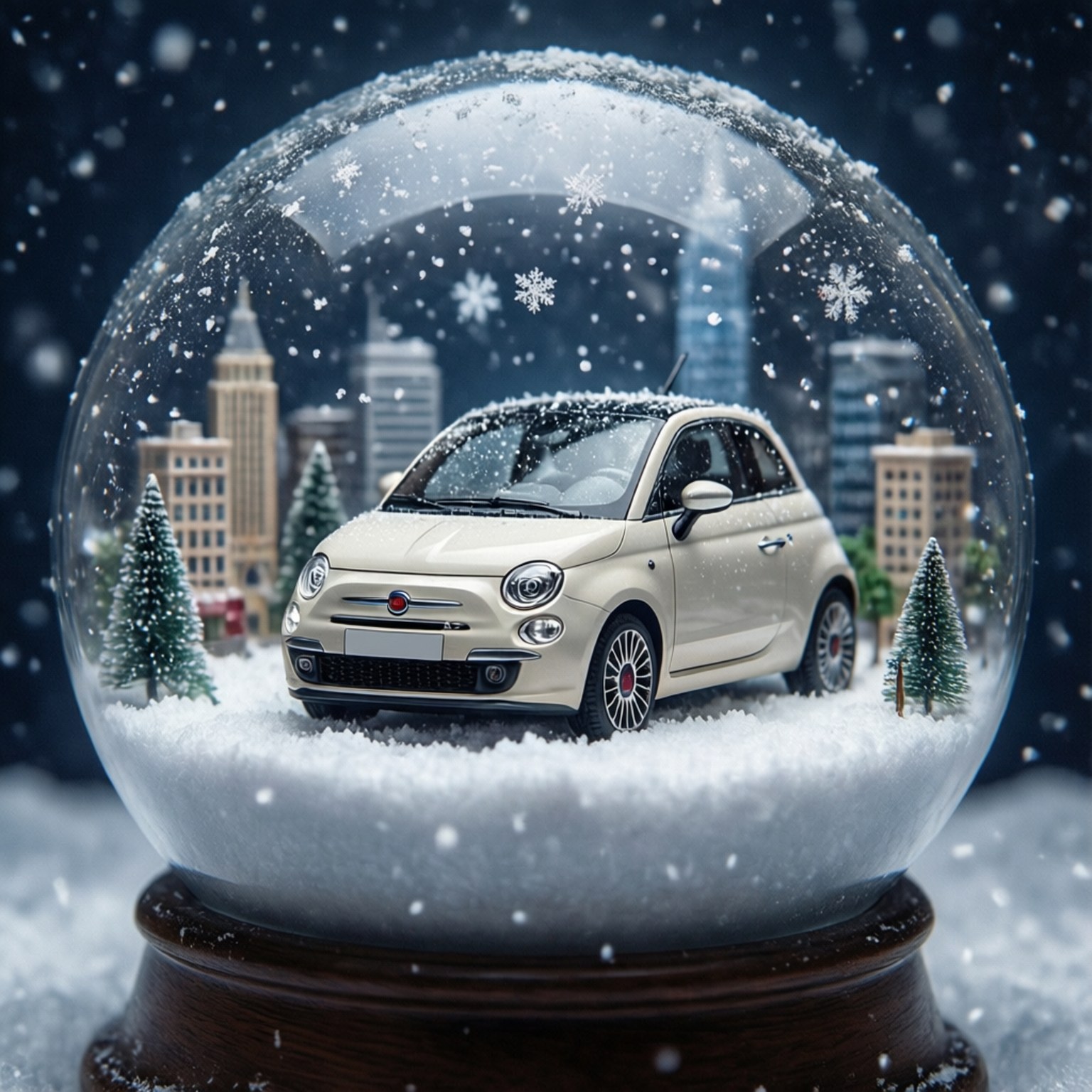 Fiat 500 Snow Globe 壁紙 — 一輛奶油色的飛雅特500坐在一個雪球裡，裡面有微型樹木和城市天際線，雪花飄落。