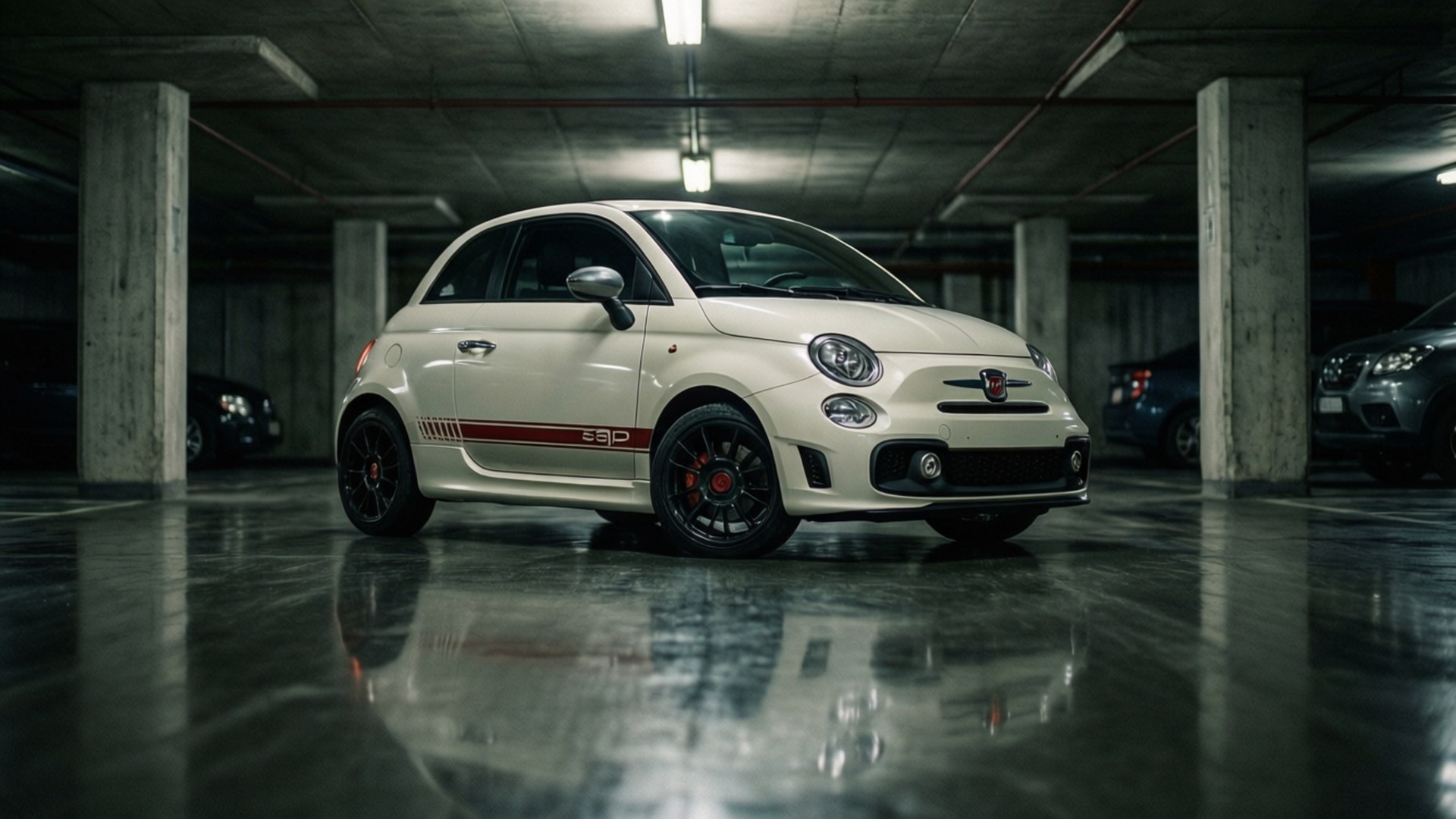 Abarth 595 桌布 壁紙 — 一輛奶油色飛雅特500，帶有紅色條紋和黑色輪圈，在潮濕的混凝土停車場中，在螢光燈下閃閃發光。