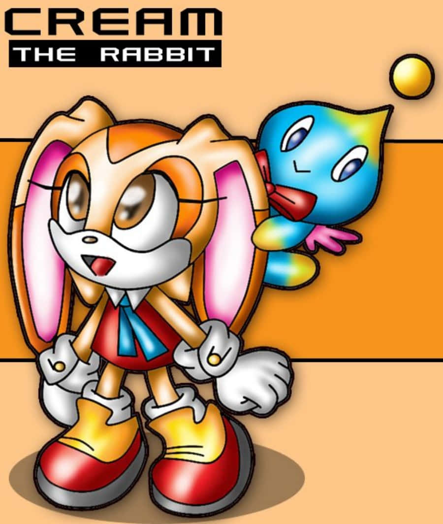 Cream The Rabbit 桌布 壁紙 — Cream the Rabbit 和她的chao朋友在溫暖的橙色背景上愉快地擺姿勢，上方有粗體黑色文字。