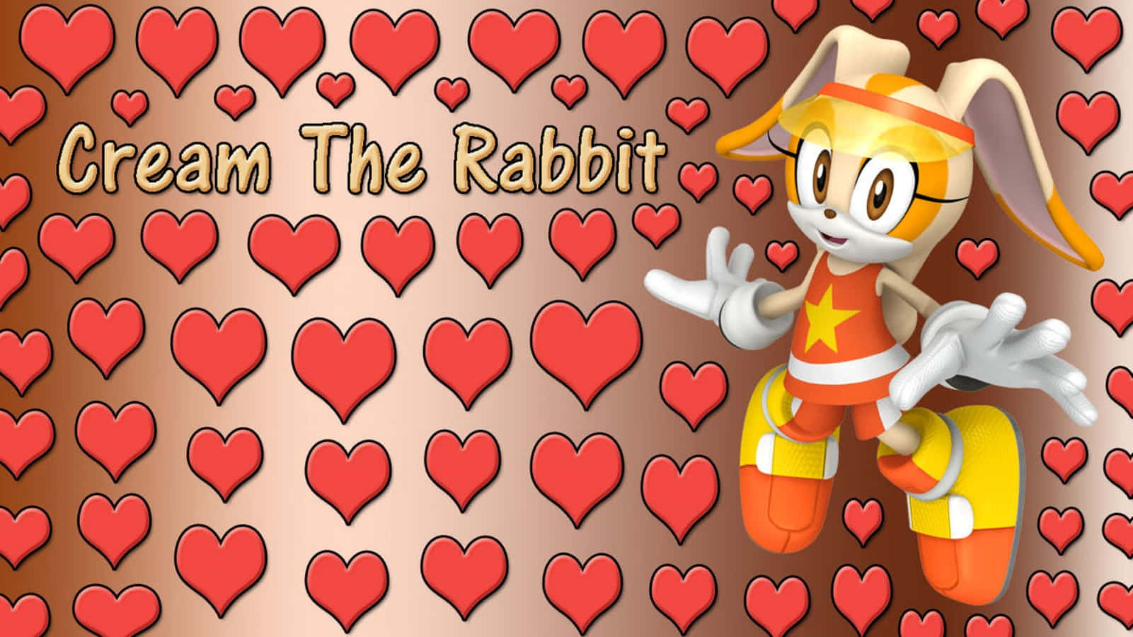 Cream The Rabbit 桌布 壁紙 — Cream the Rabbit 身穿橙色和黃色賽車服，在紅色心形背景前愉快地擺姿勢。