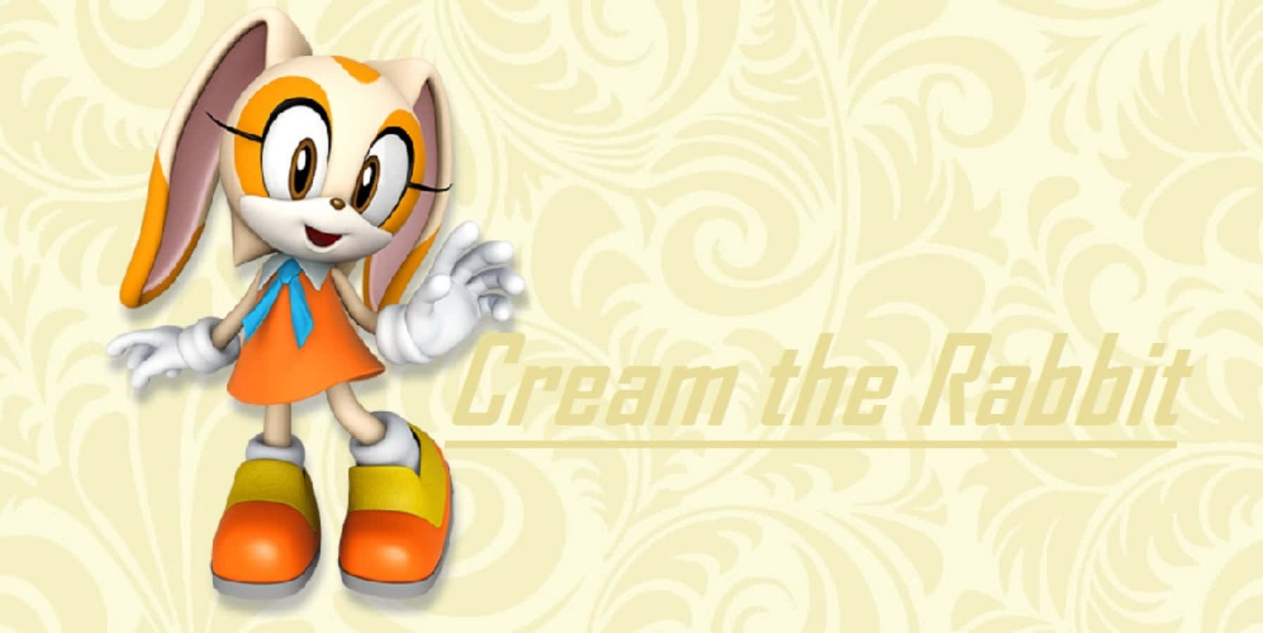 Cream The Rabbit 桌布 壁紙 — Cream the Rabbit 身穿橙色連衣裙，在奶油色漩渦壁紙背景前愉快地揮手。