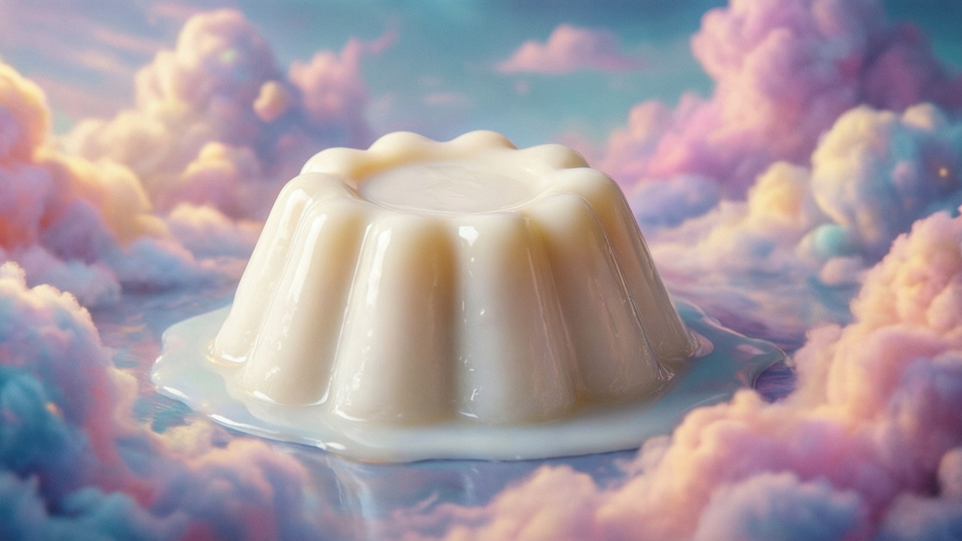 一個閃亮的白色果凍甜品漂浮在色彩繽紛、蓬鬆的雲朵上。